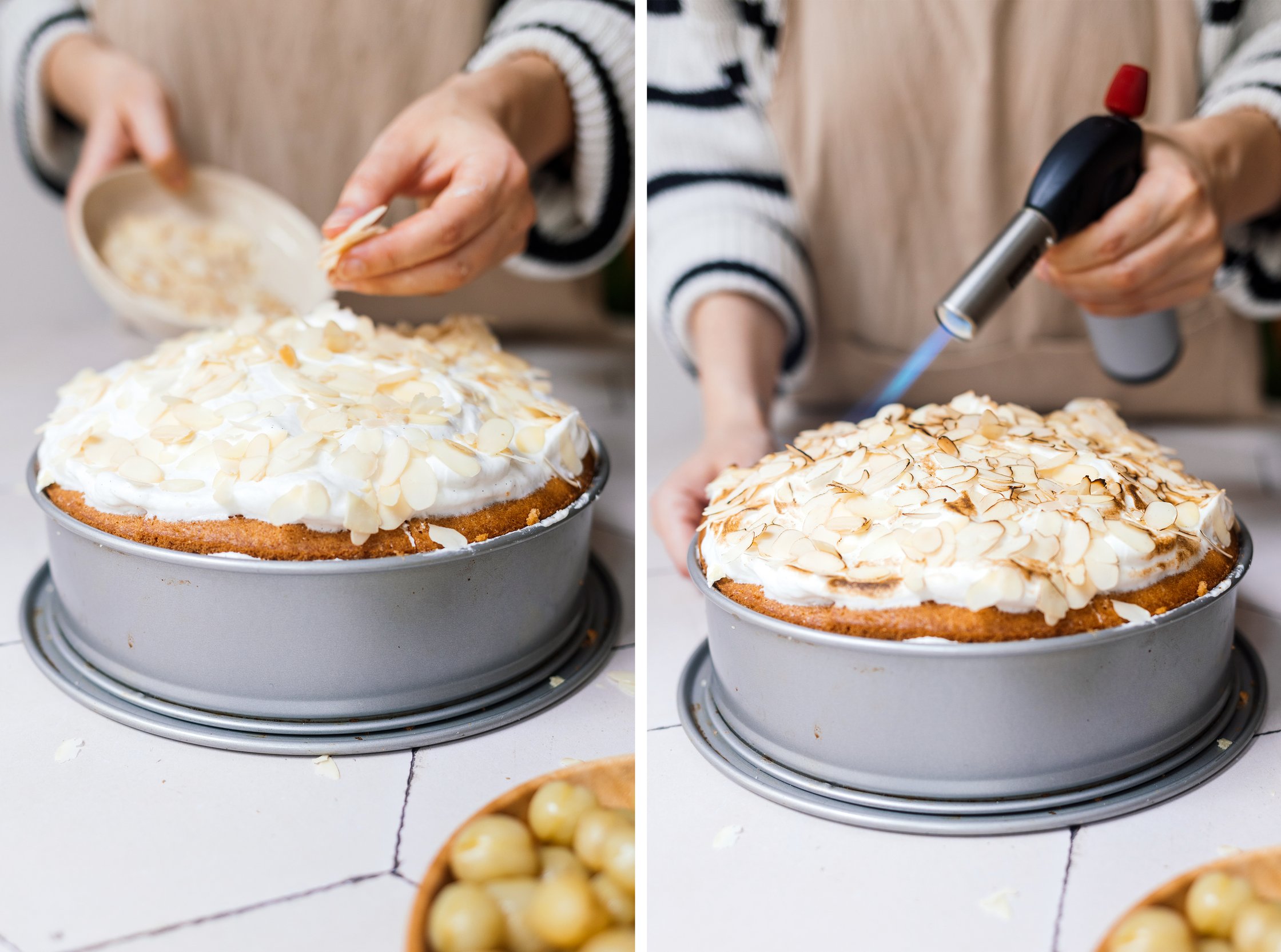 topping Vegan Gooseberry Meringue Cake with slivered almonds and flambeeing it