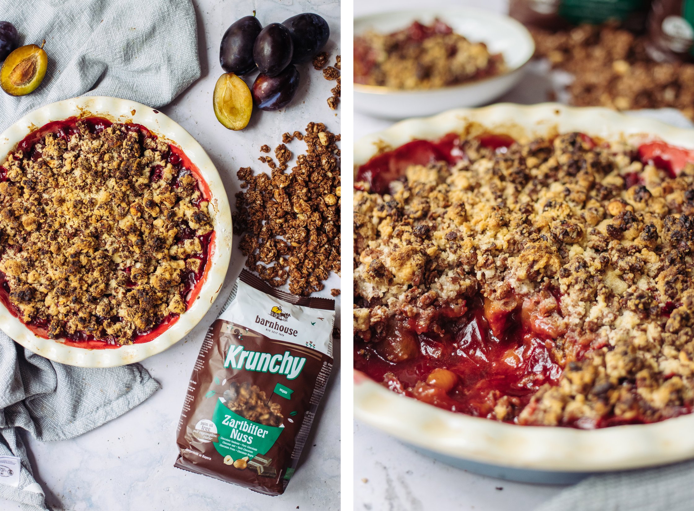 Veganer Schokoladencrumble mit Zwetschgen nach dem backen