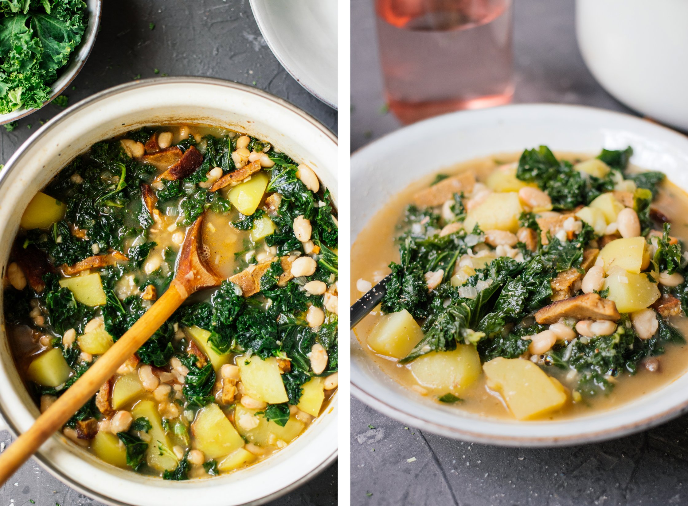 pot of Vegan Kale Stew with Seitan and White Beans