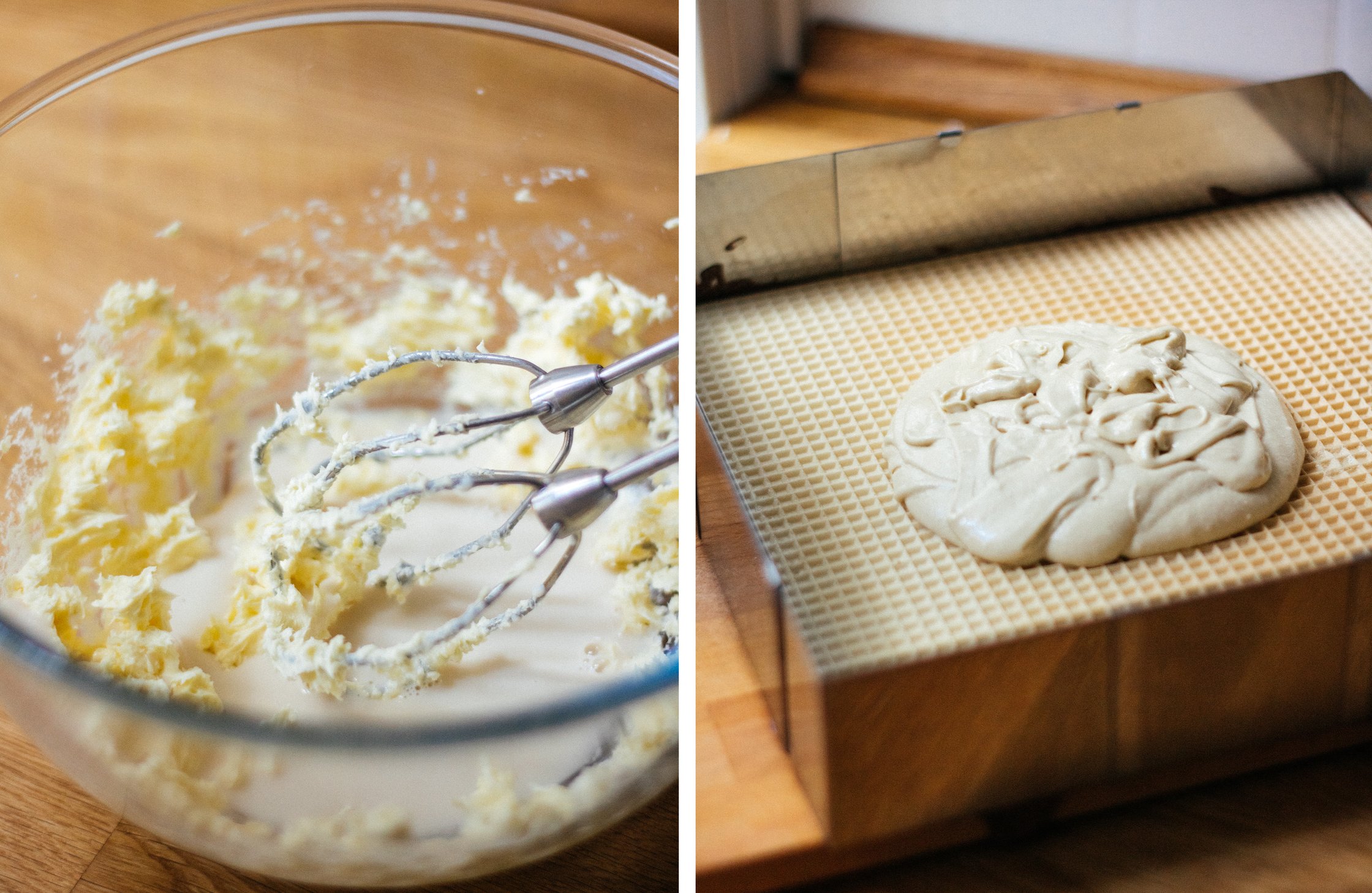 left: vegan milk cream is prepared
right: vegan milk cream on waffle plate