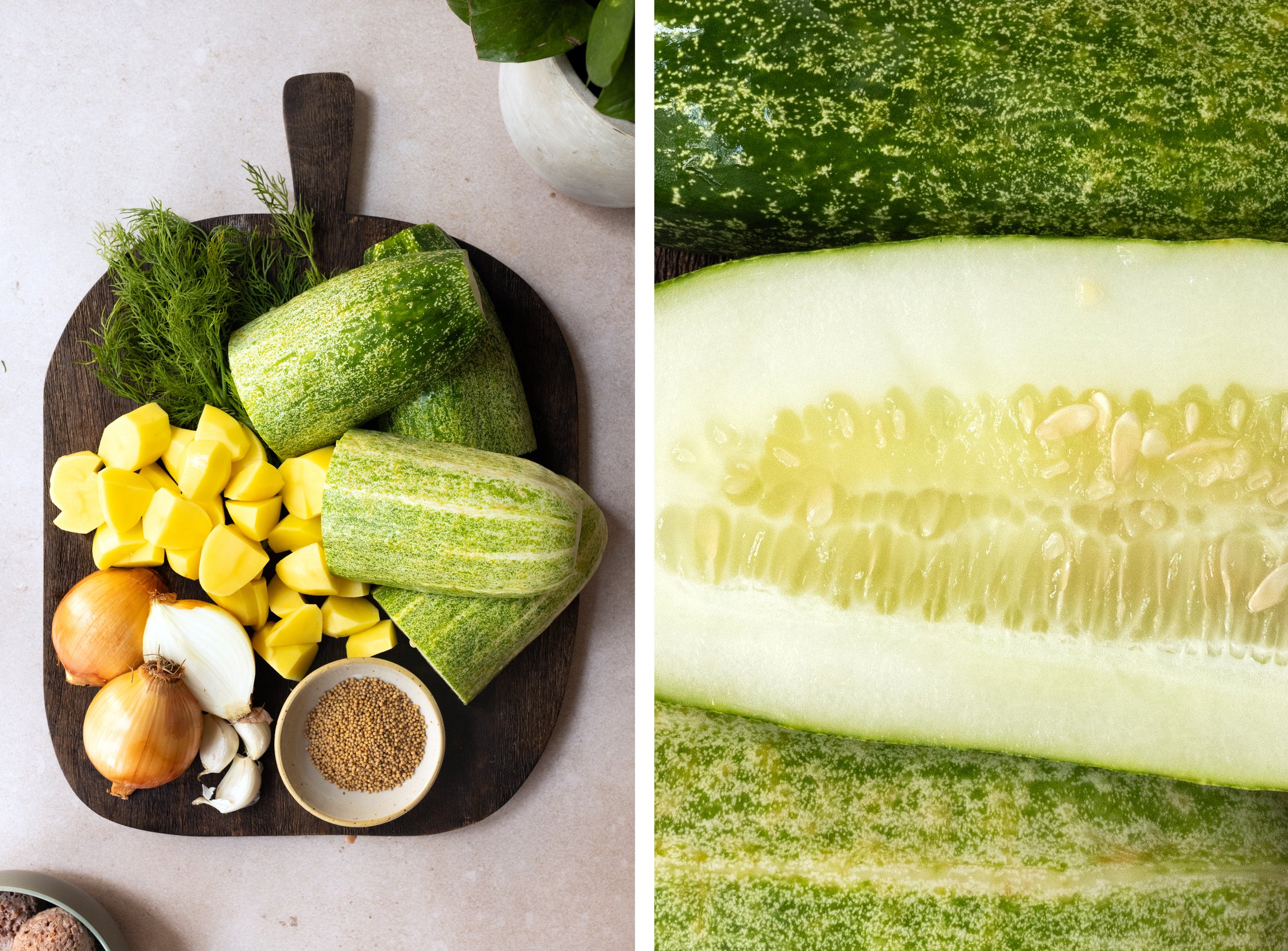 ingredients for stewed cucumbers with potatoes and plant-based meatballs