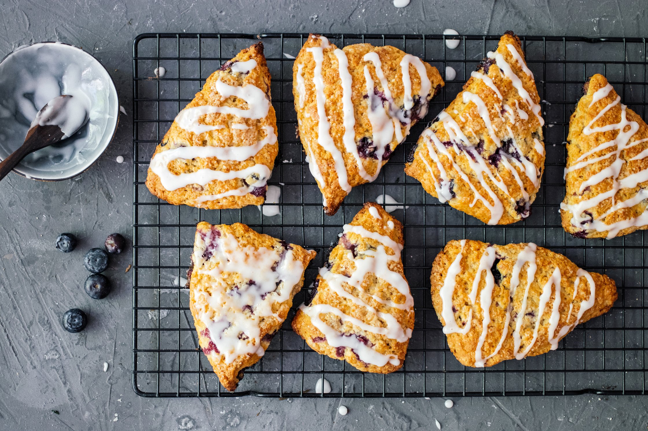 vegan blueberry scones on a wire rack