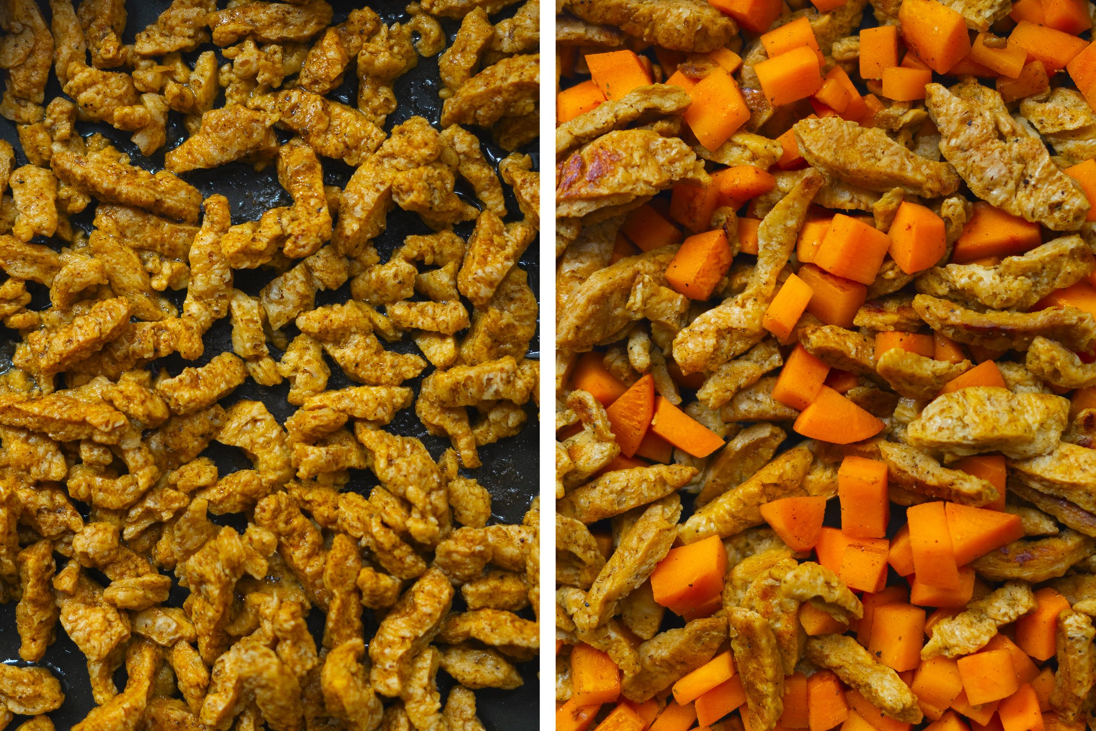frying soy meat and sweet potatos