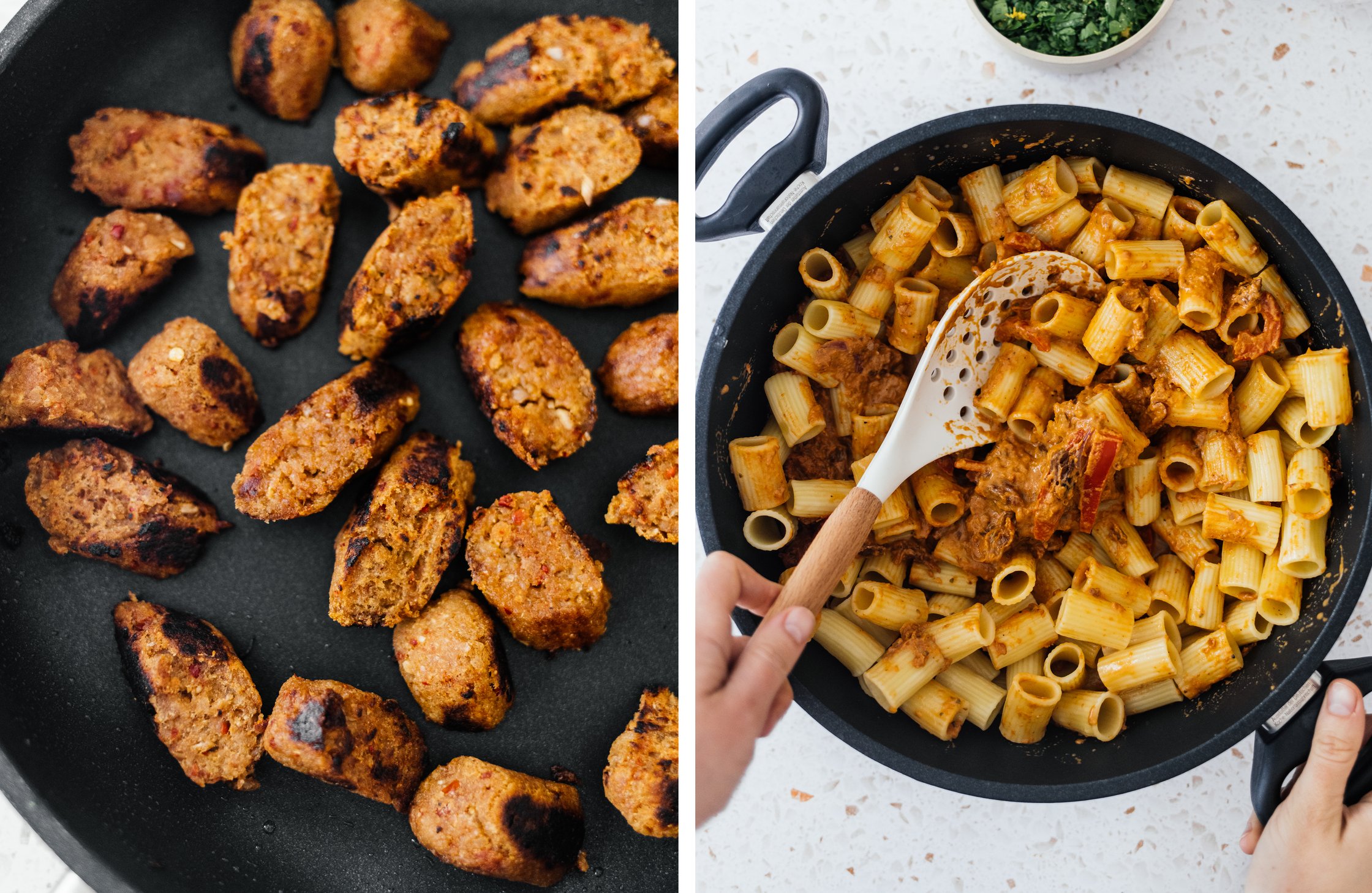 sautéed vegan chorizo; adding sauce to pasta