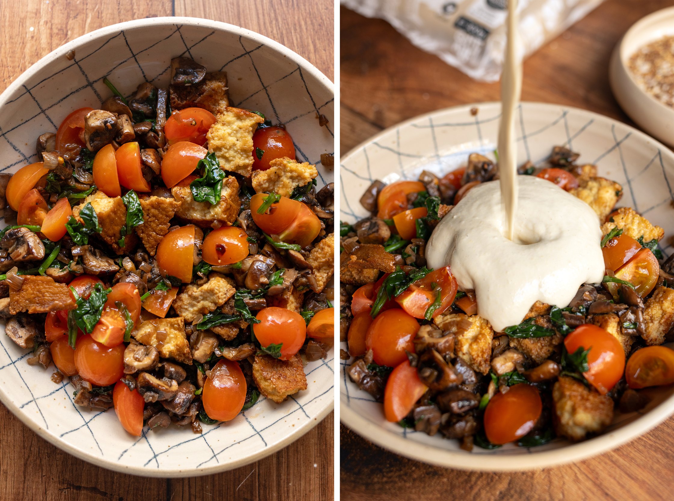 gebratenes gemüse und tofu wird mit einer rührtofu soße vermengt