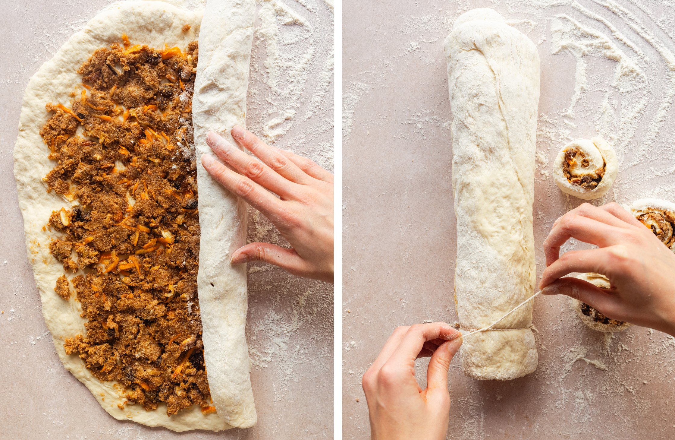 rolling up the dough with the filling and cutting it into pieces using kitchen string
