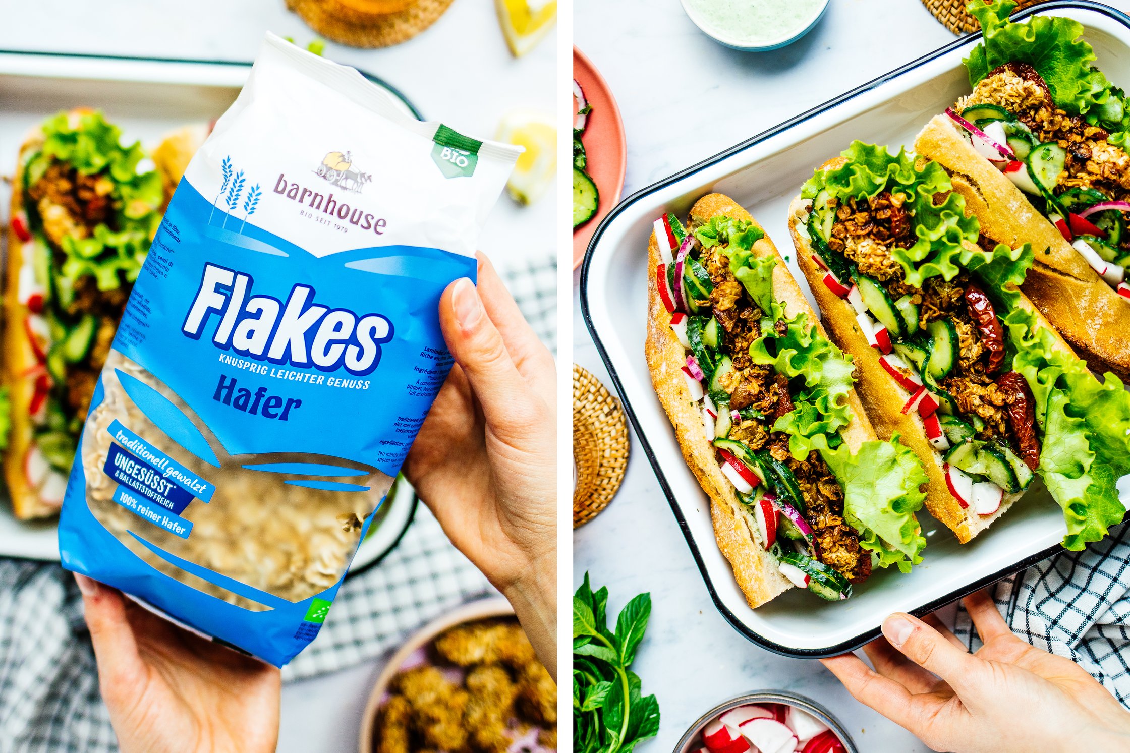 vegan chicken sandwich breaded with oat flakes