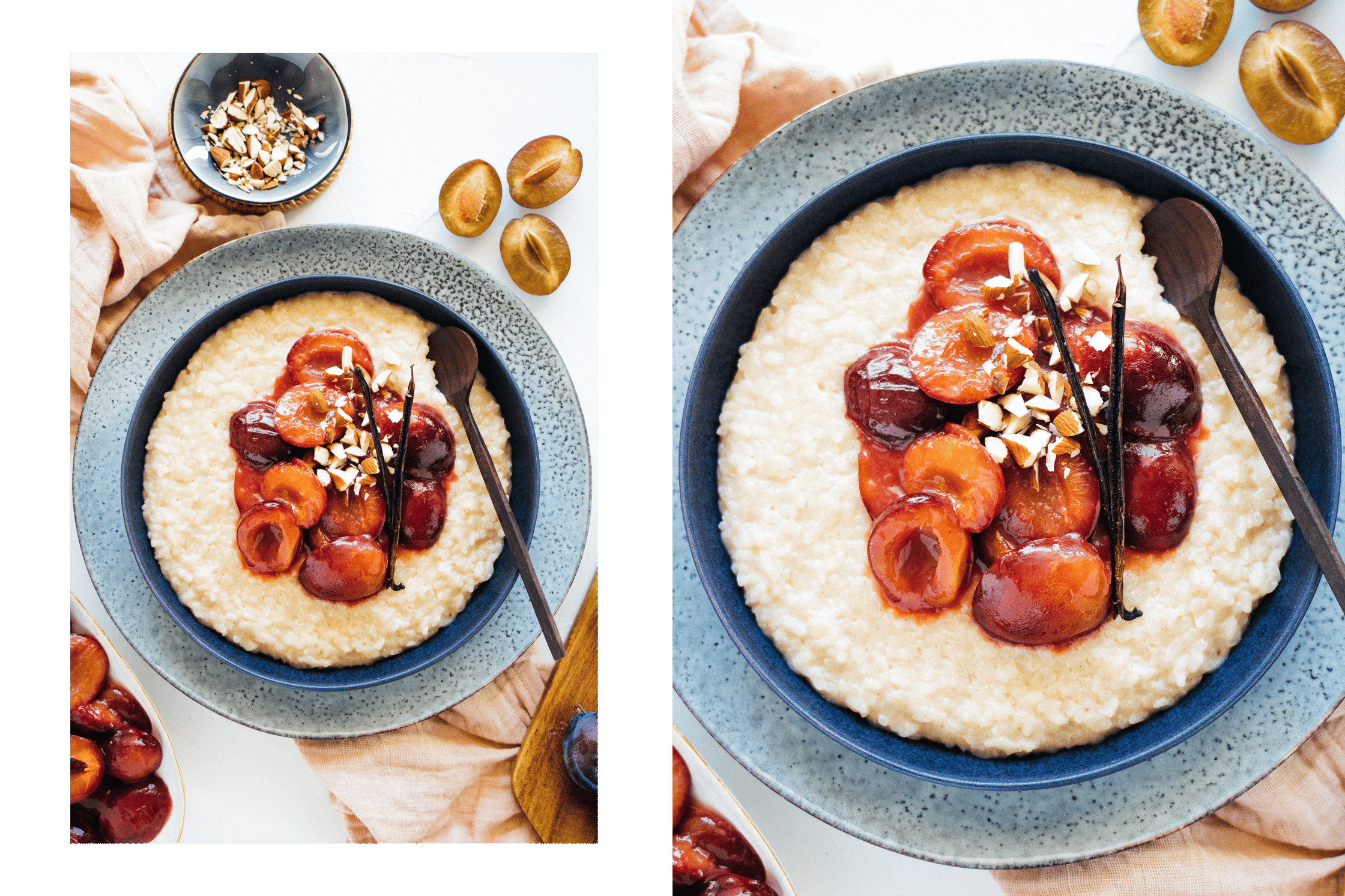 vegan rice pudding with plum compote