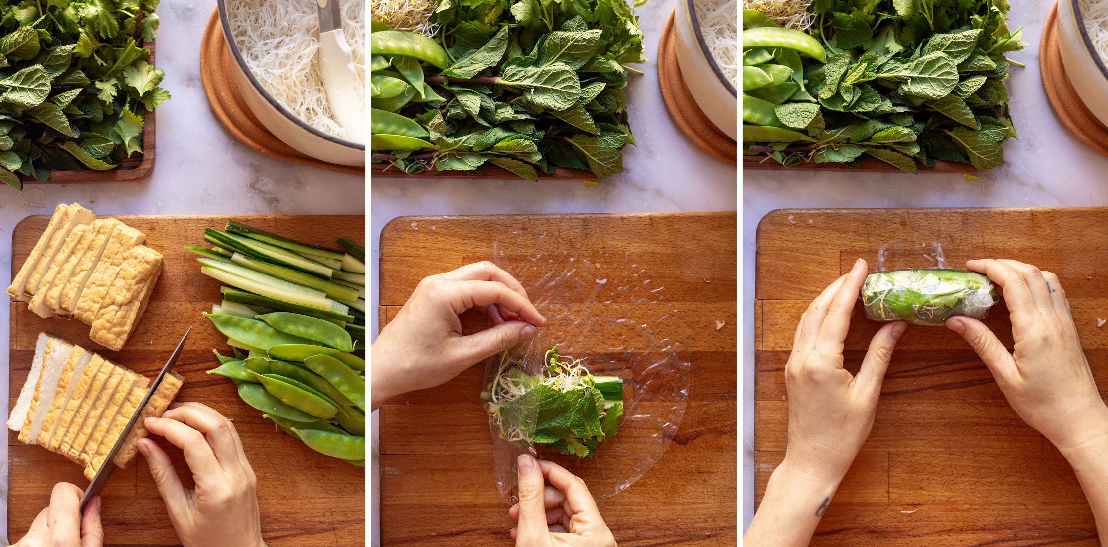 The fried tofu is sliced on a wooden board and rolled up with sugar snap peas and other ingredients to make a summer roll.