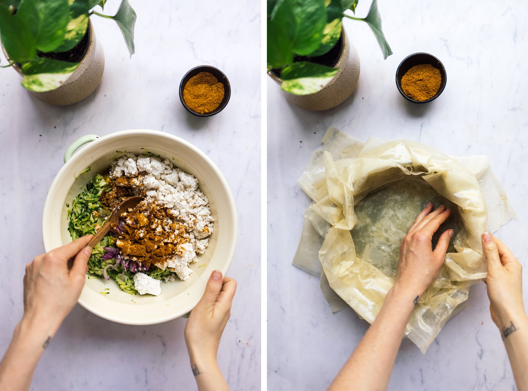 preparing filling and dough for vegan phyllo pie