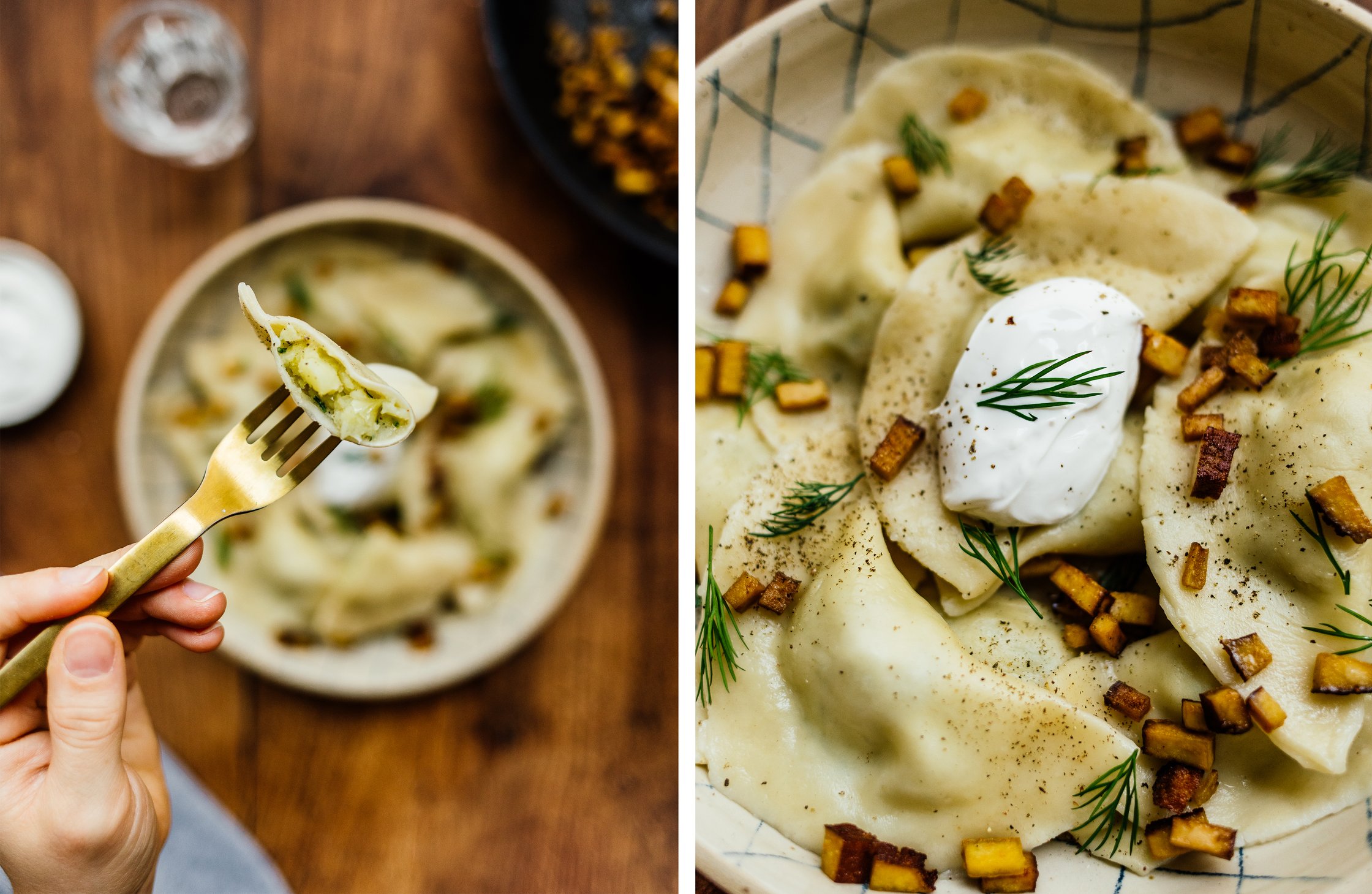 Detailaufnahme der veganen Teigfüllung; Nahaufnahme der Wareniki