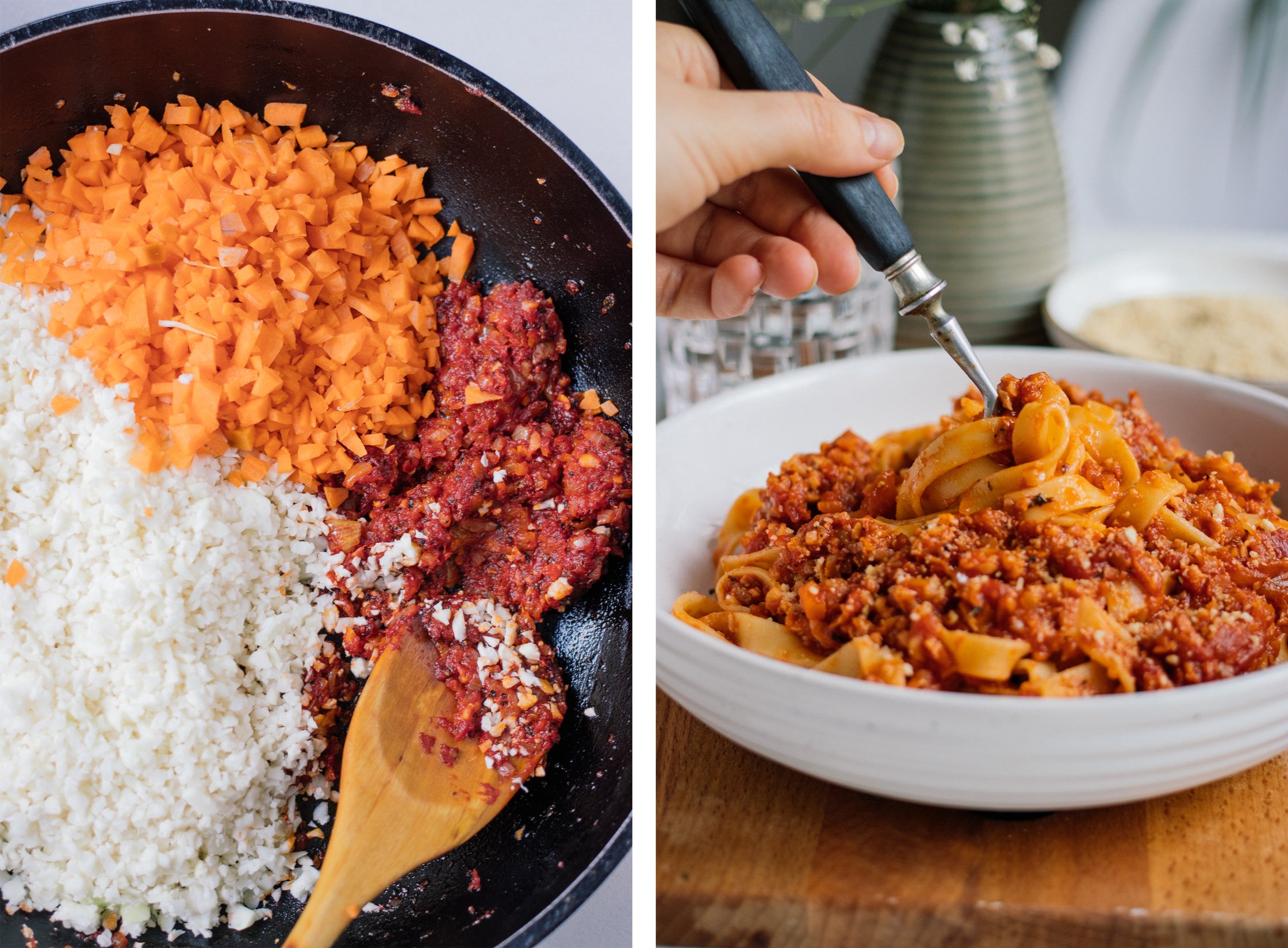 zutaten für vegane blumenkohl bolognese in einer pfanne vermengen