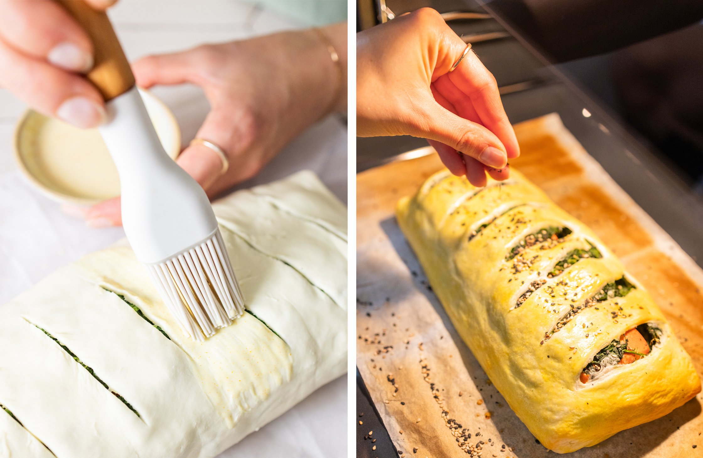 Now score the dough and sprinkle with sesame seeds after a short baking time.