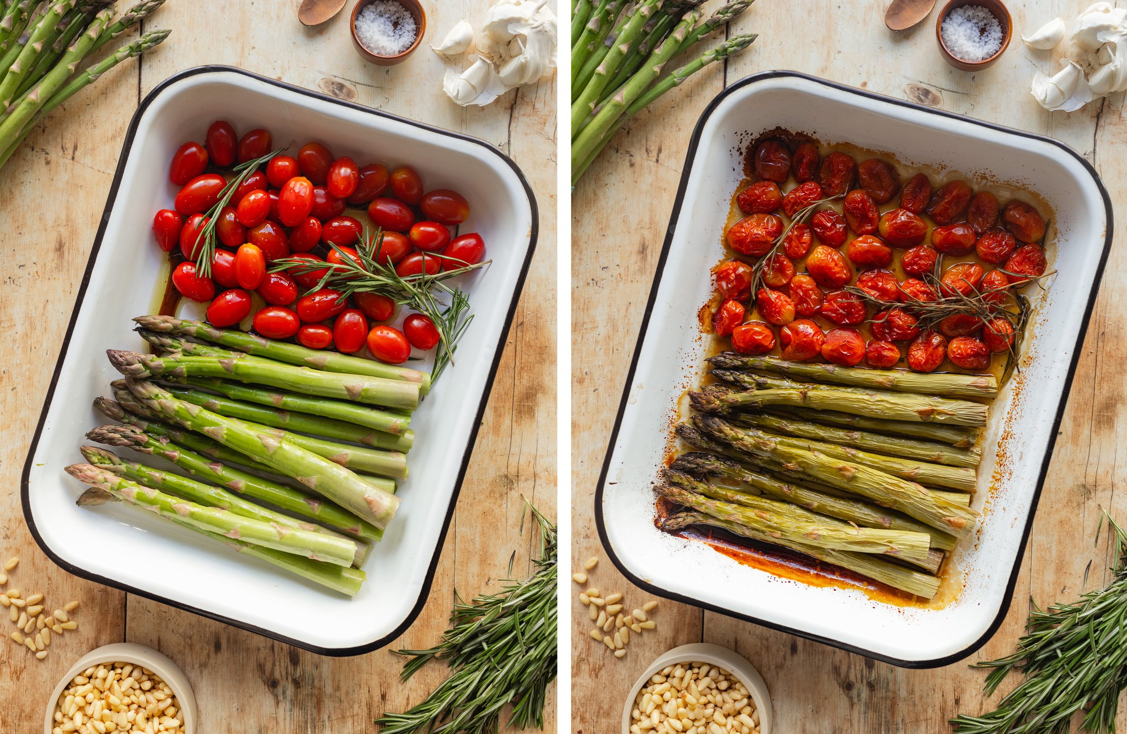 green asparagus and tomatoes in a baking dish before and after baking