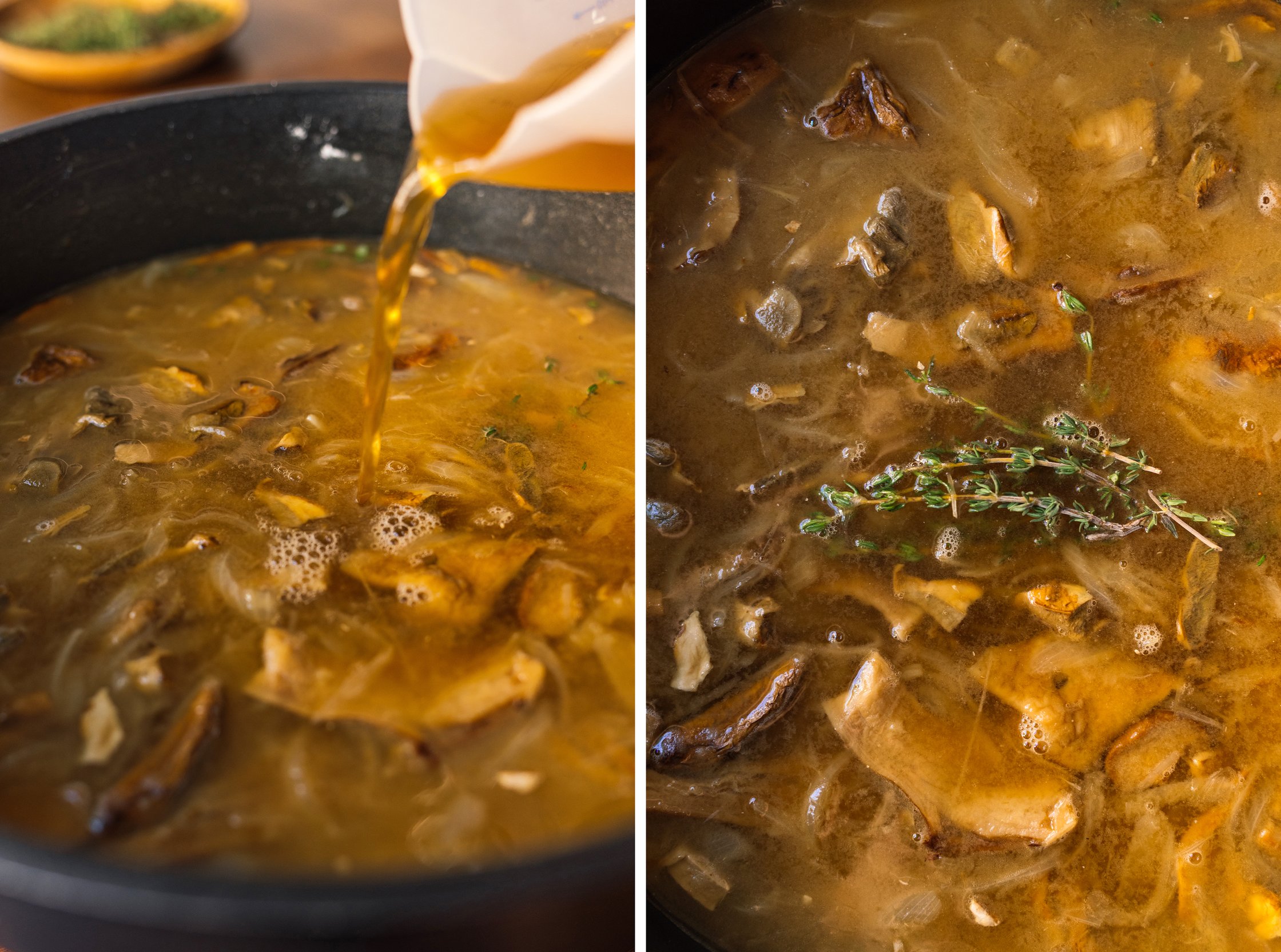 adding broth to Vegan French Onion Soup with Mushrooms