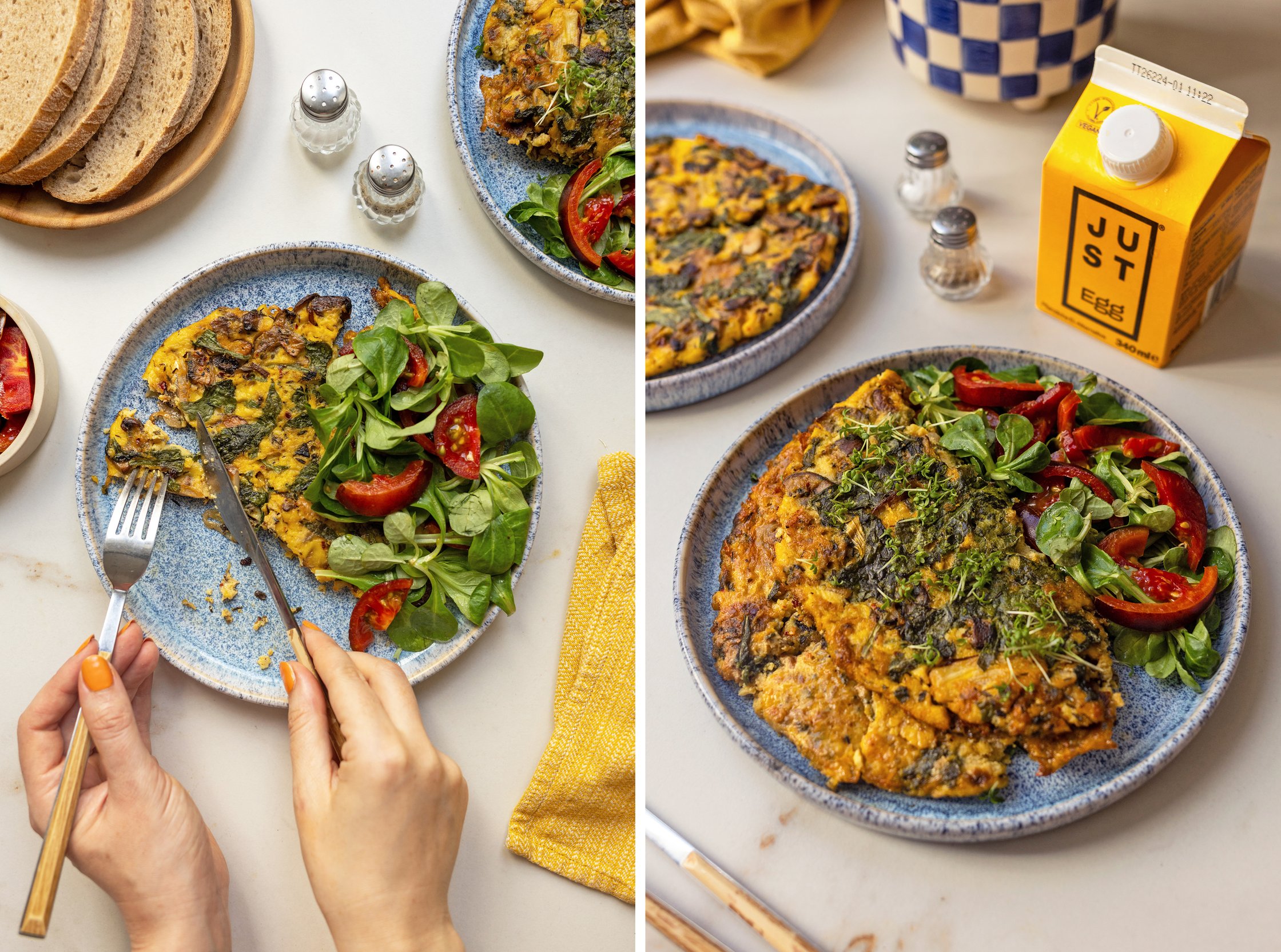 On the left, the omelet is sliced, while on the right, it is shown uncut with the collaboration product in focus.