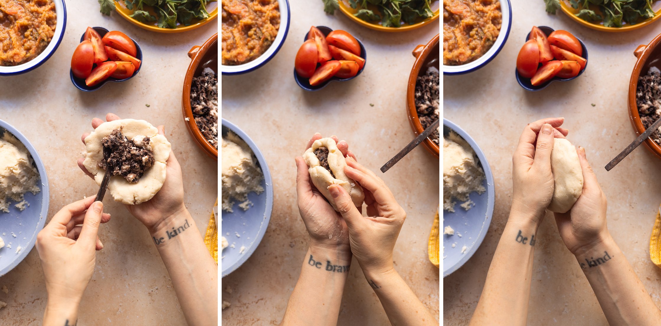 stuffing and shaping vegan pupusas by hand