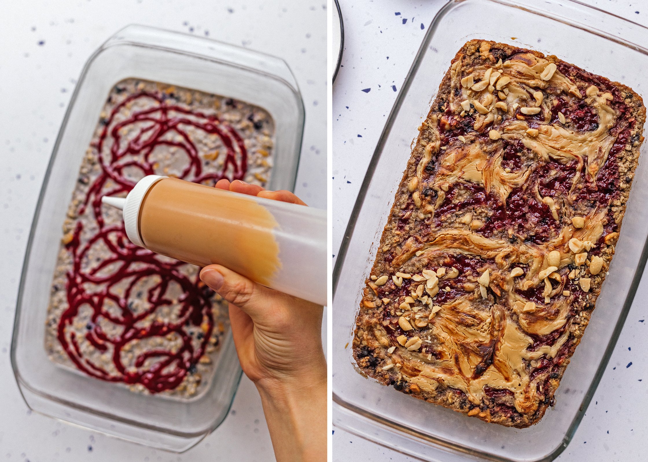 drizzling peanut butter on top of vegan baked oatmeal