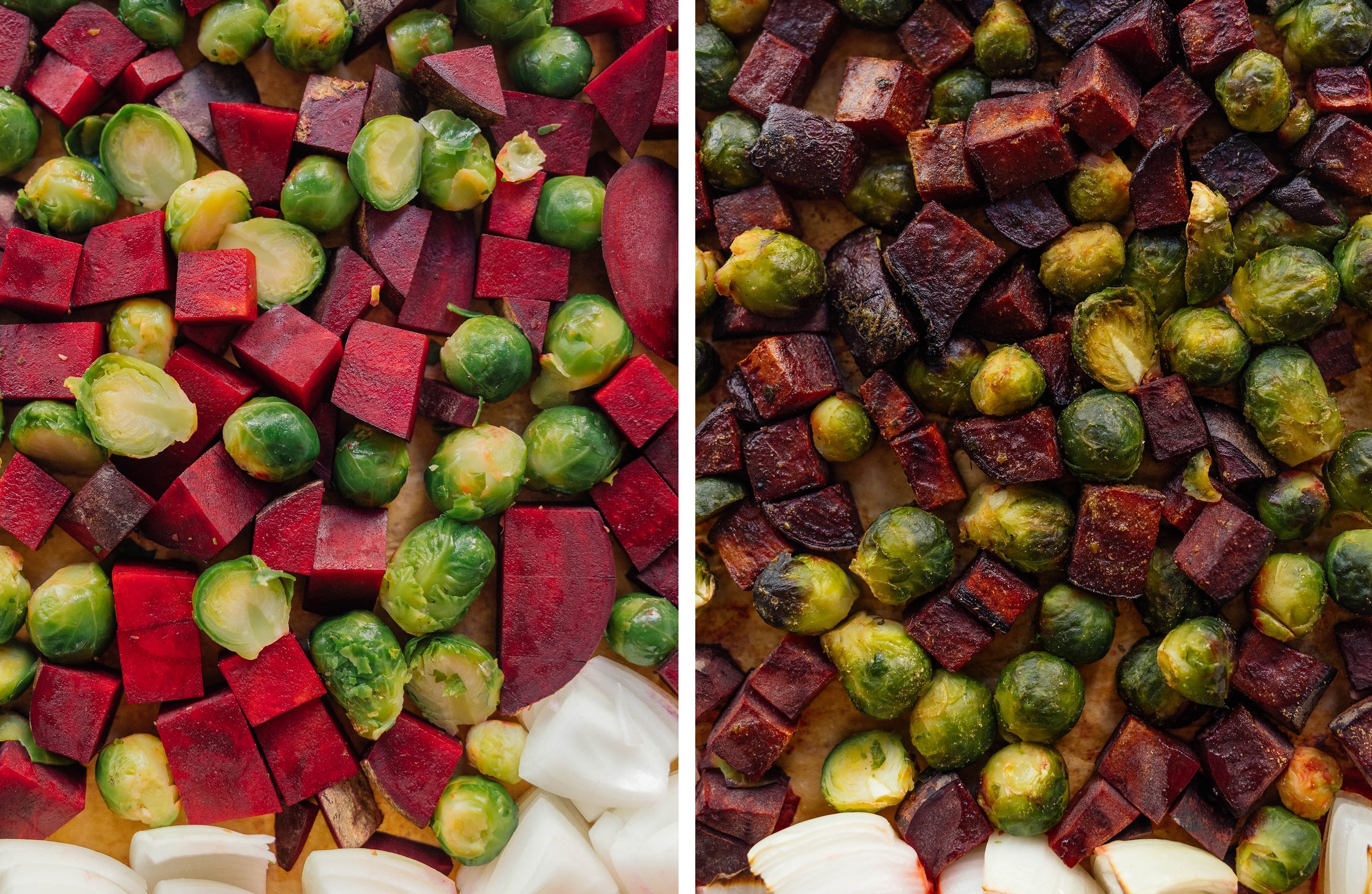 Rote Beete und Rosenkohl auf einem Backblech.