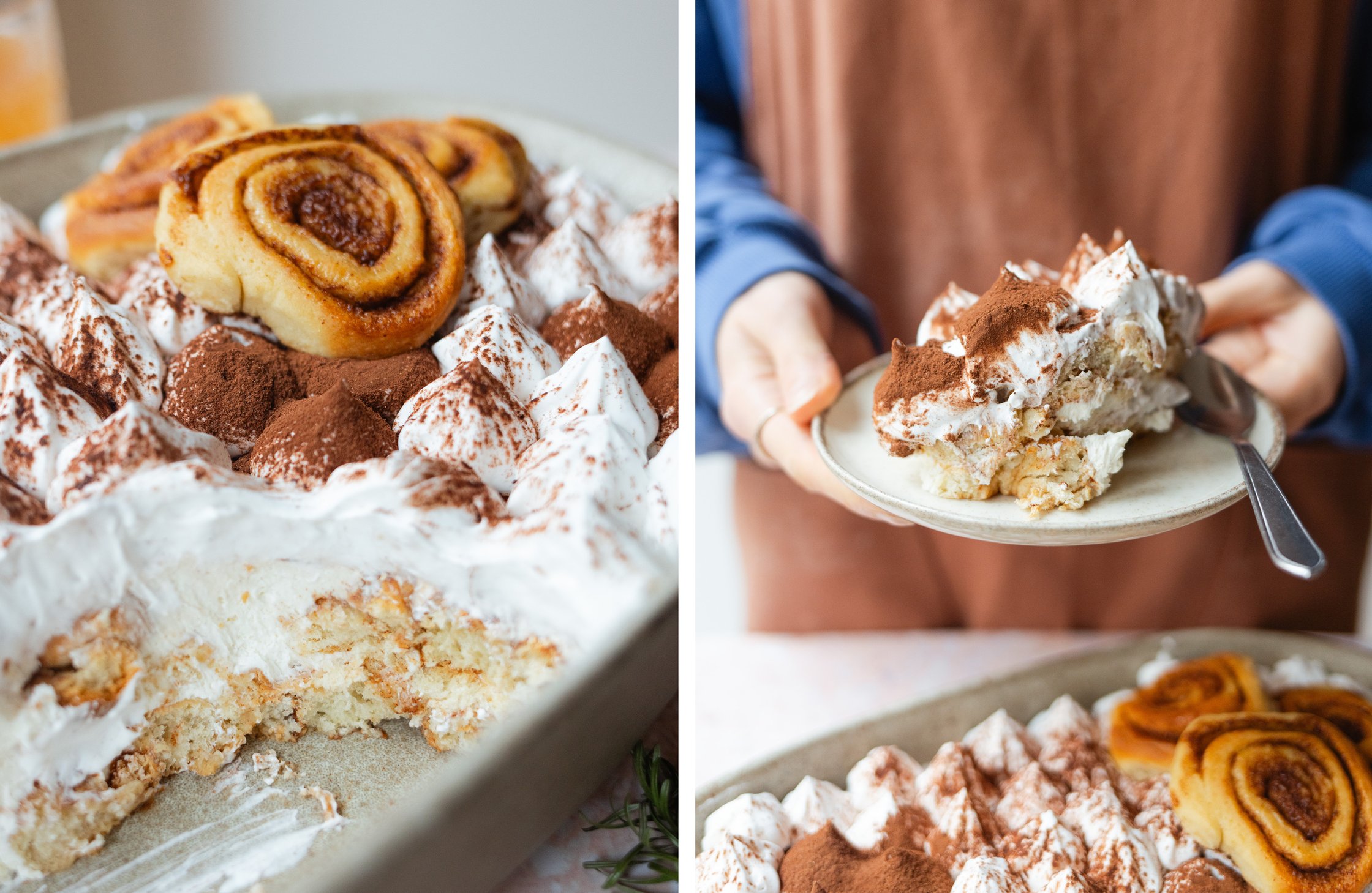 serving vegan cinnamon bun tiramisu