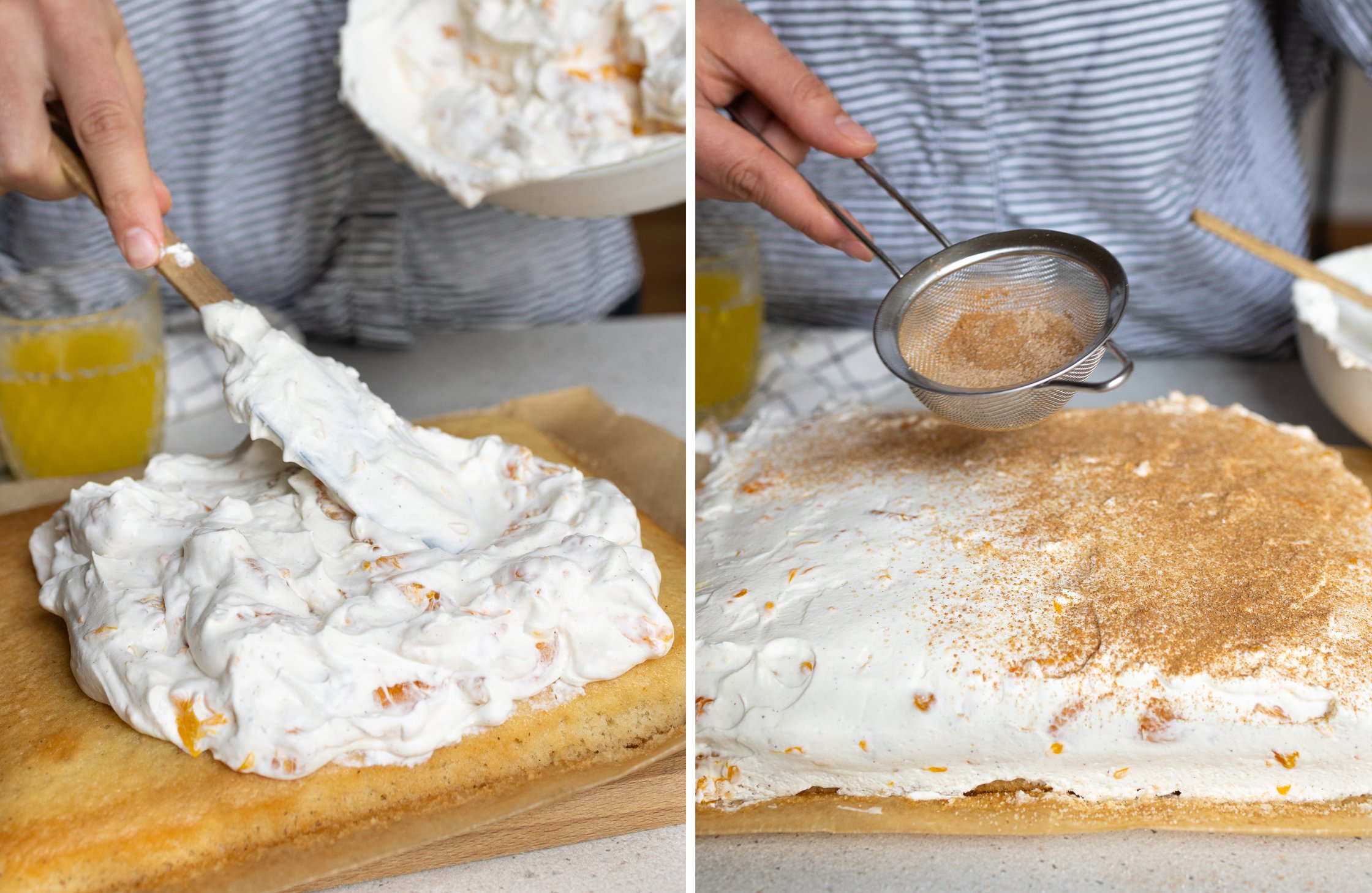 Ein geteiltes Bild: Links wird die Mandarine-Creme auf dem Biskuit verteilt und rechts dick mit Zimt und Zucker bestäubt.