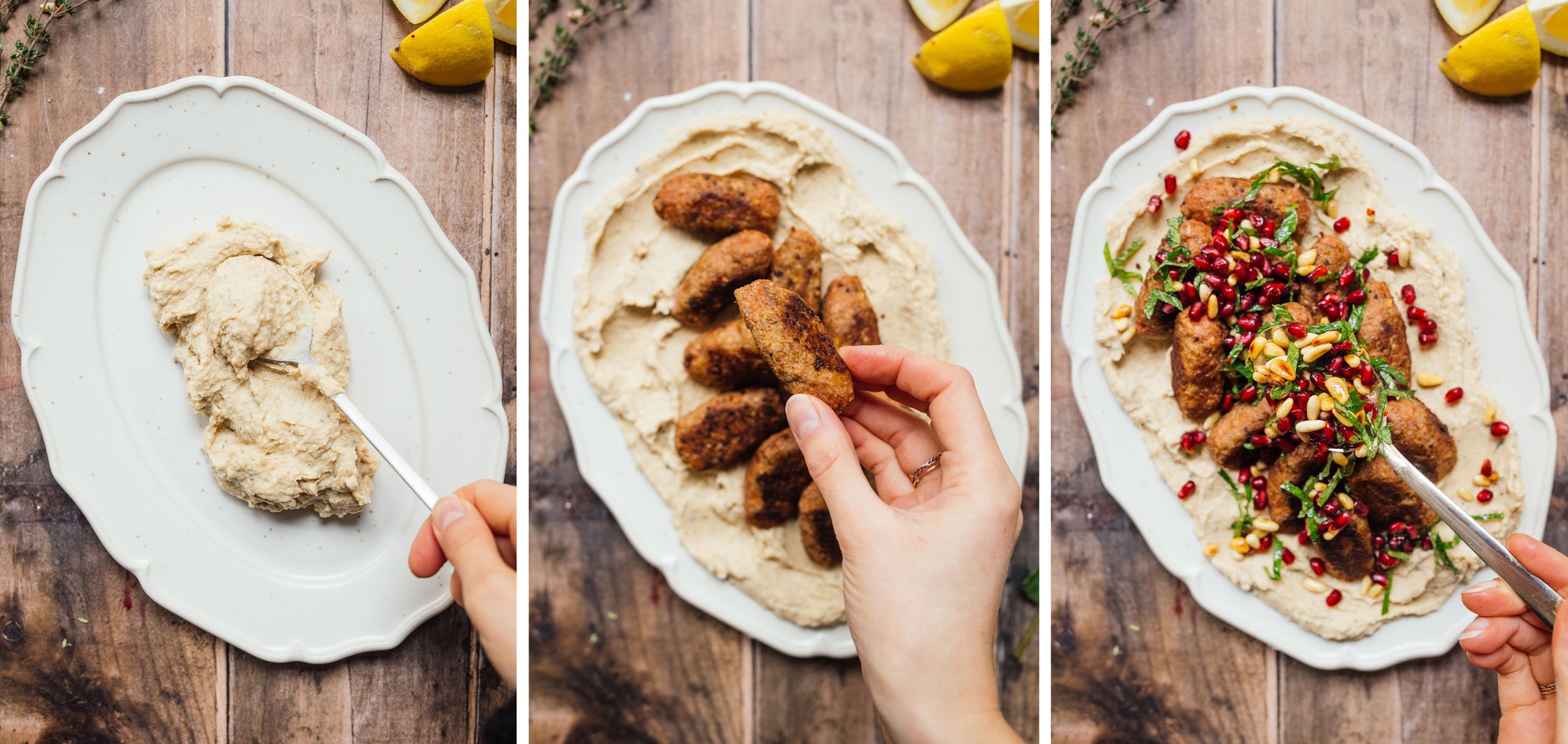 arranging vegan kofta with white bean puree on a big plate