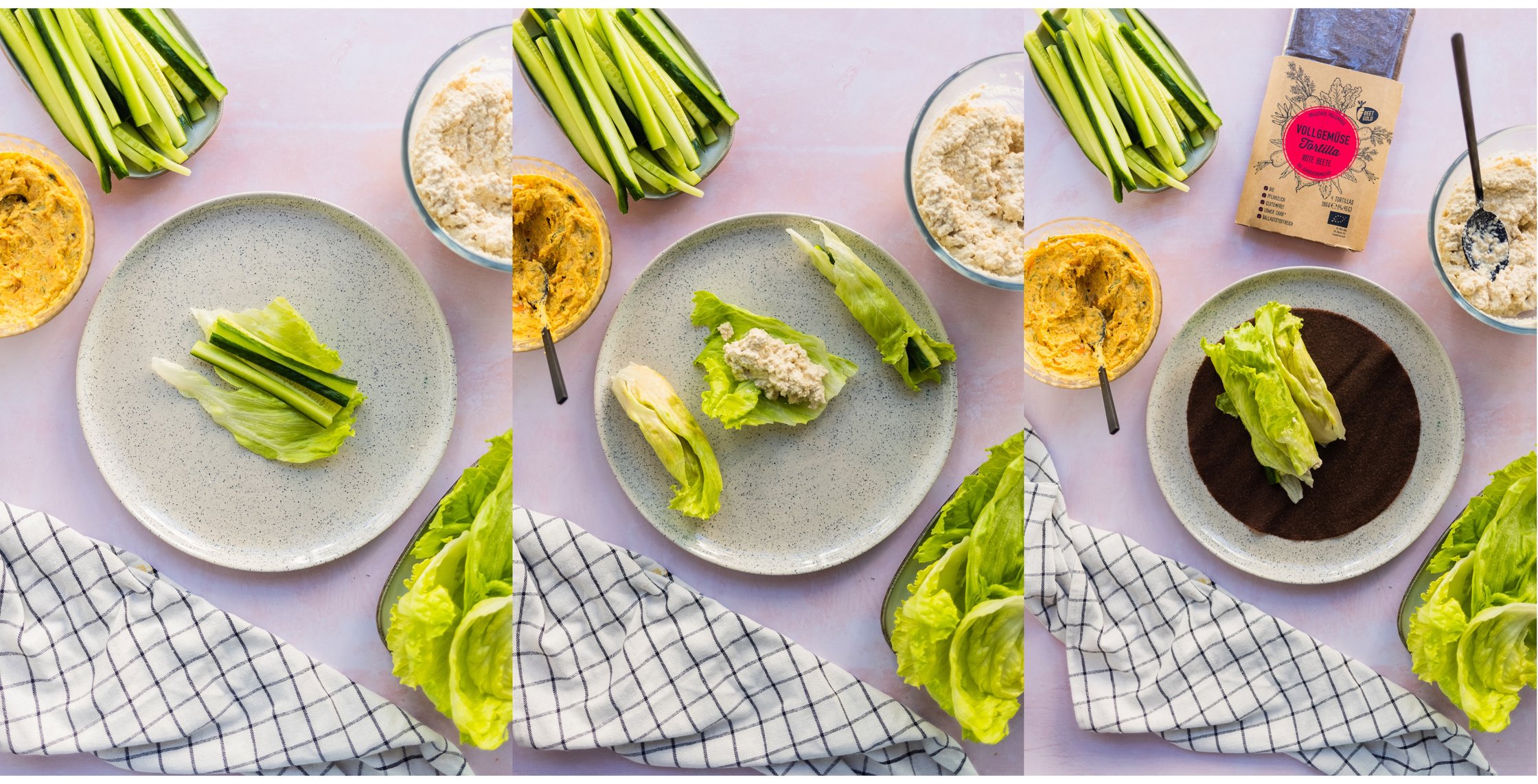 Salat, Gurke, Lachscreme, körniger Frischkäse, Gemüe-Wraps