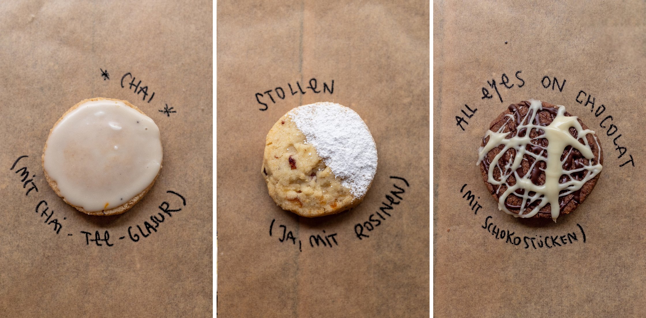 closeups of 3 varieties of vegan slice and bake cookies: chai, stollen, and chocolate