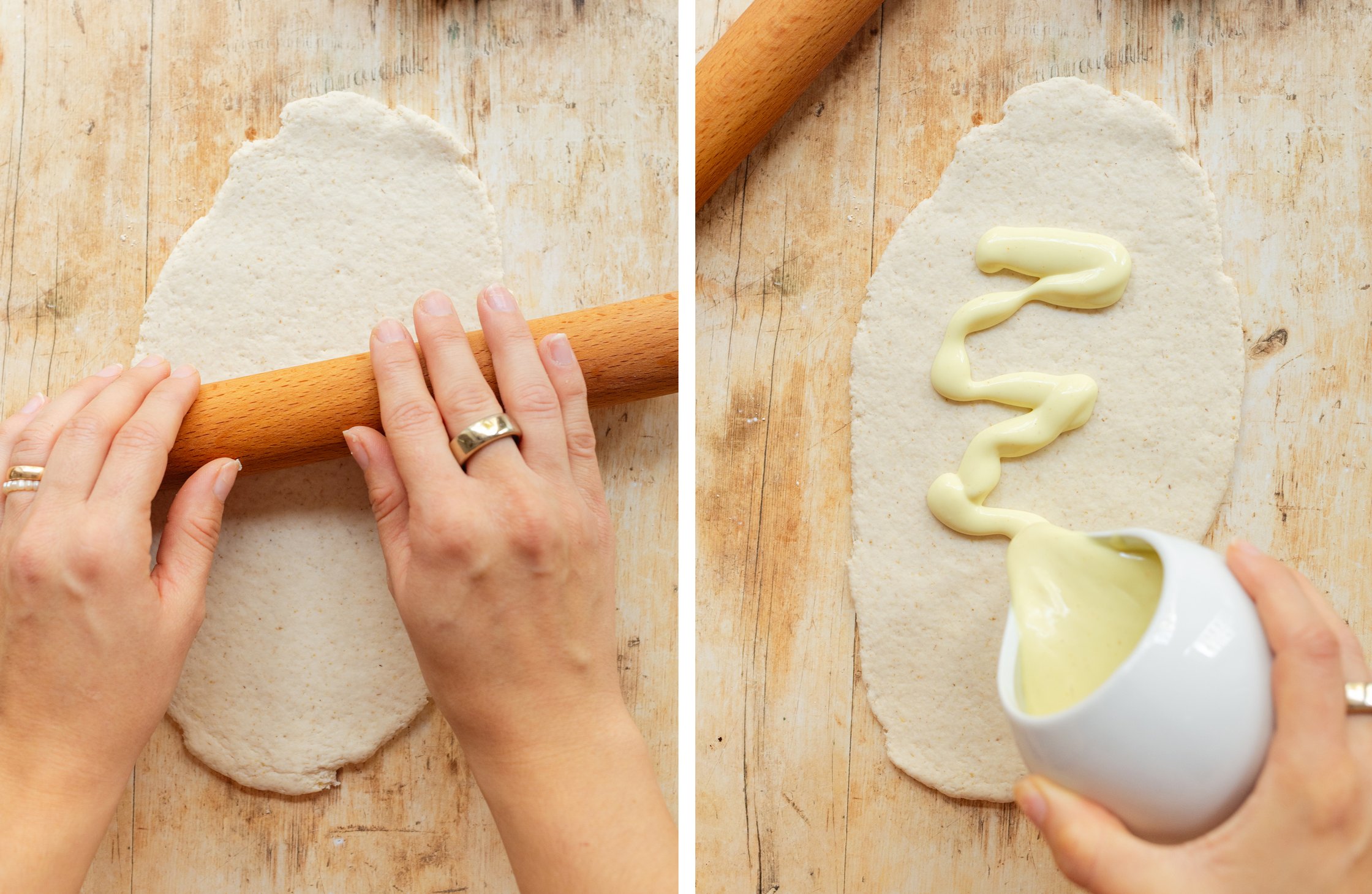 rolling out the dough and spreading hollandaise on top