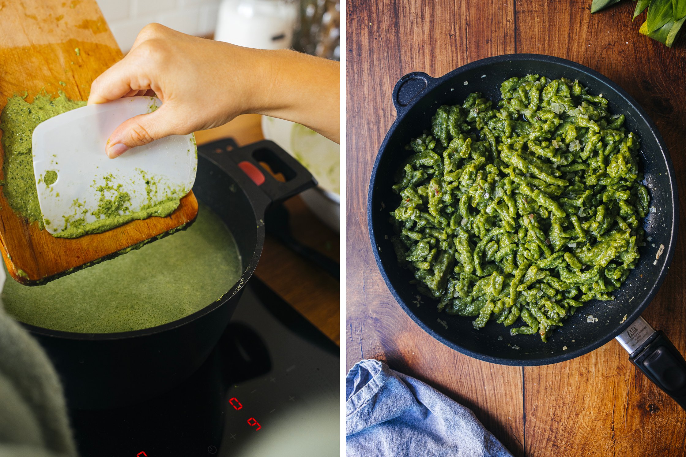 cooking vegan wild garlic spaetzle and frying them in a pan af