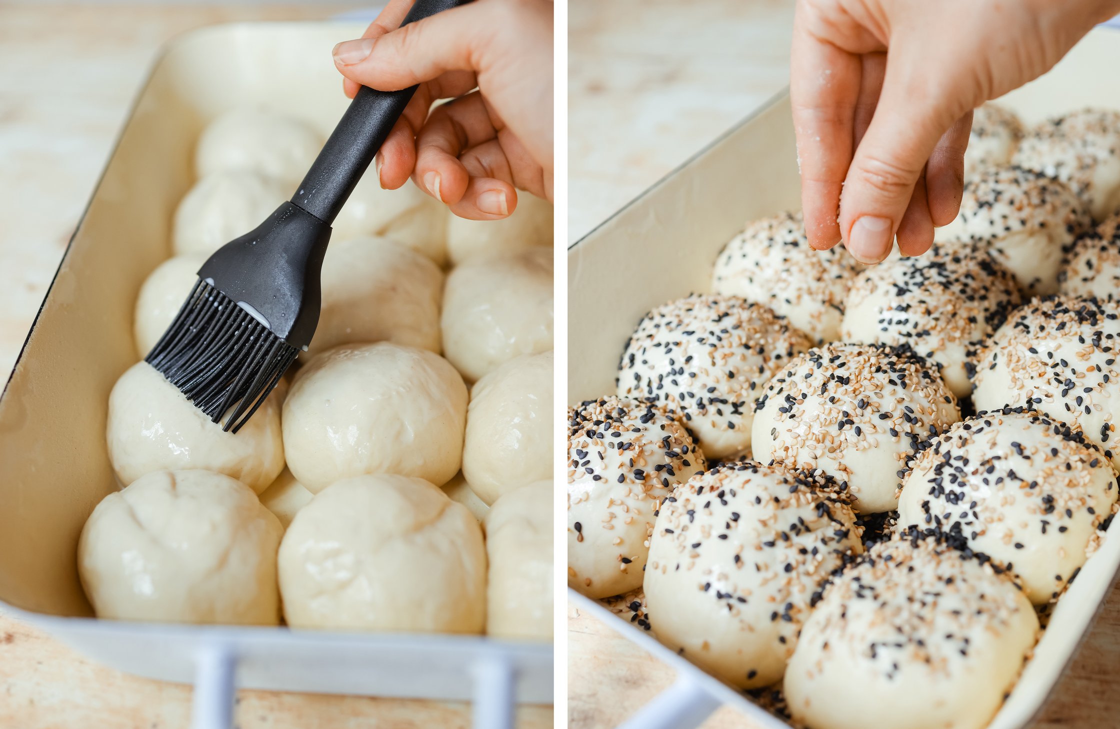 Brötchen werden mit Sesam verziert