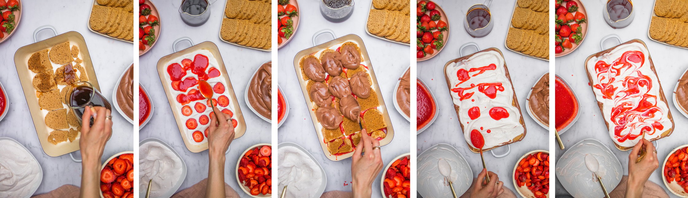 step by step layering of vegan strawberry tiramisu