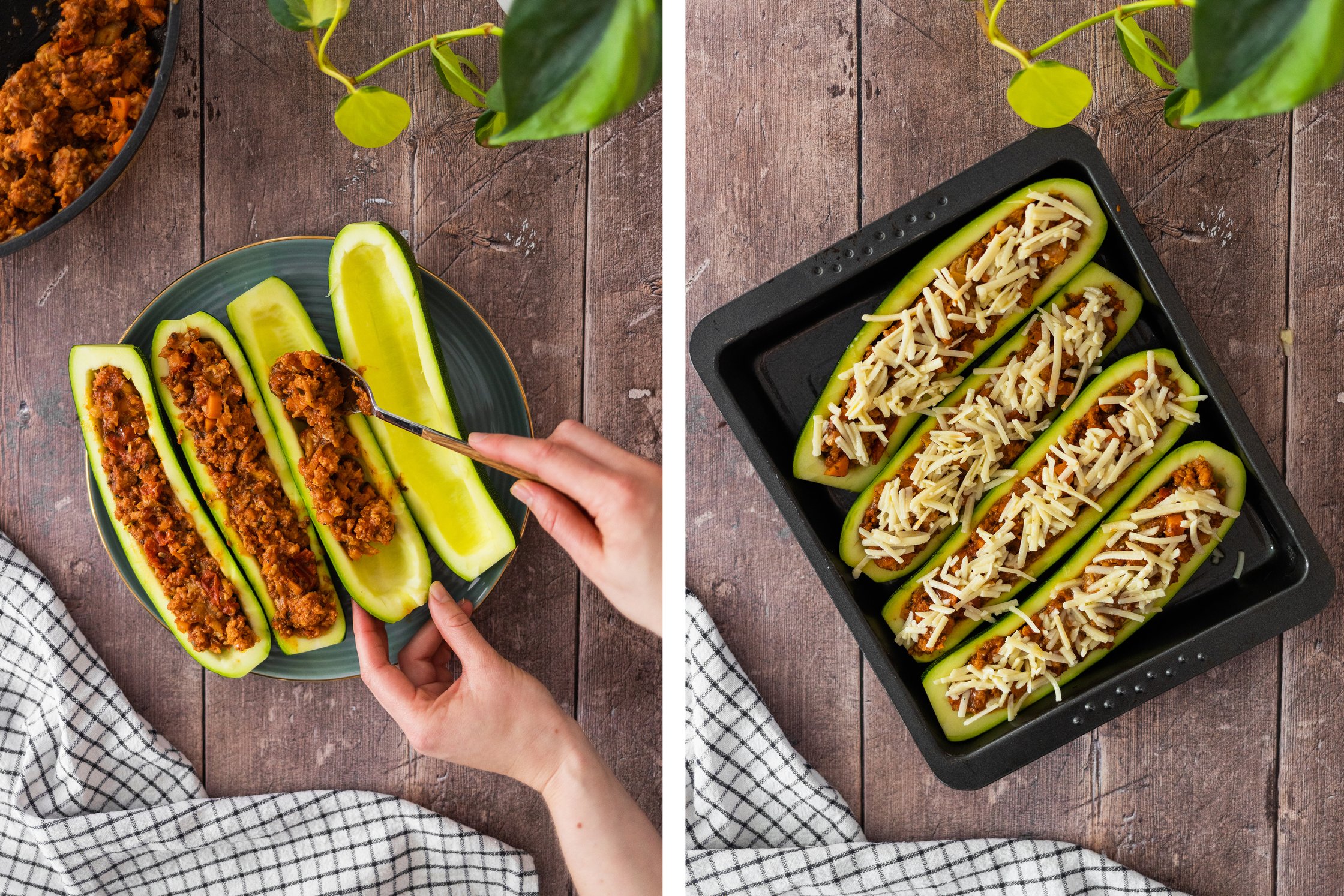 Zucchinis werden mit veganem Hackfleisch gefüllt