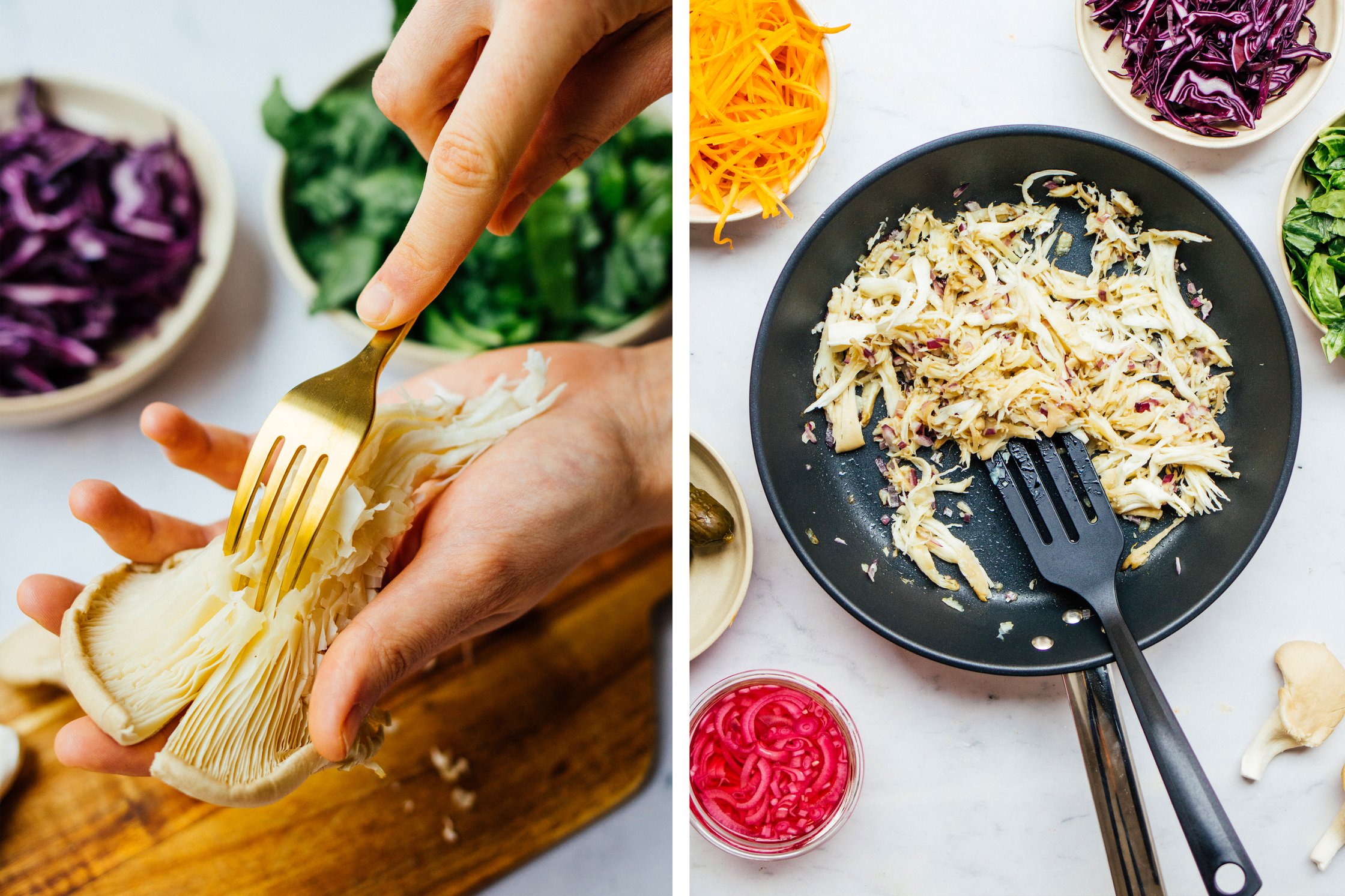 Fork pulling an oyster mushroom, pulled oyster mushrooms in a pan
