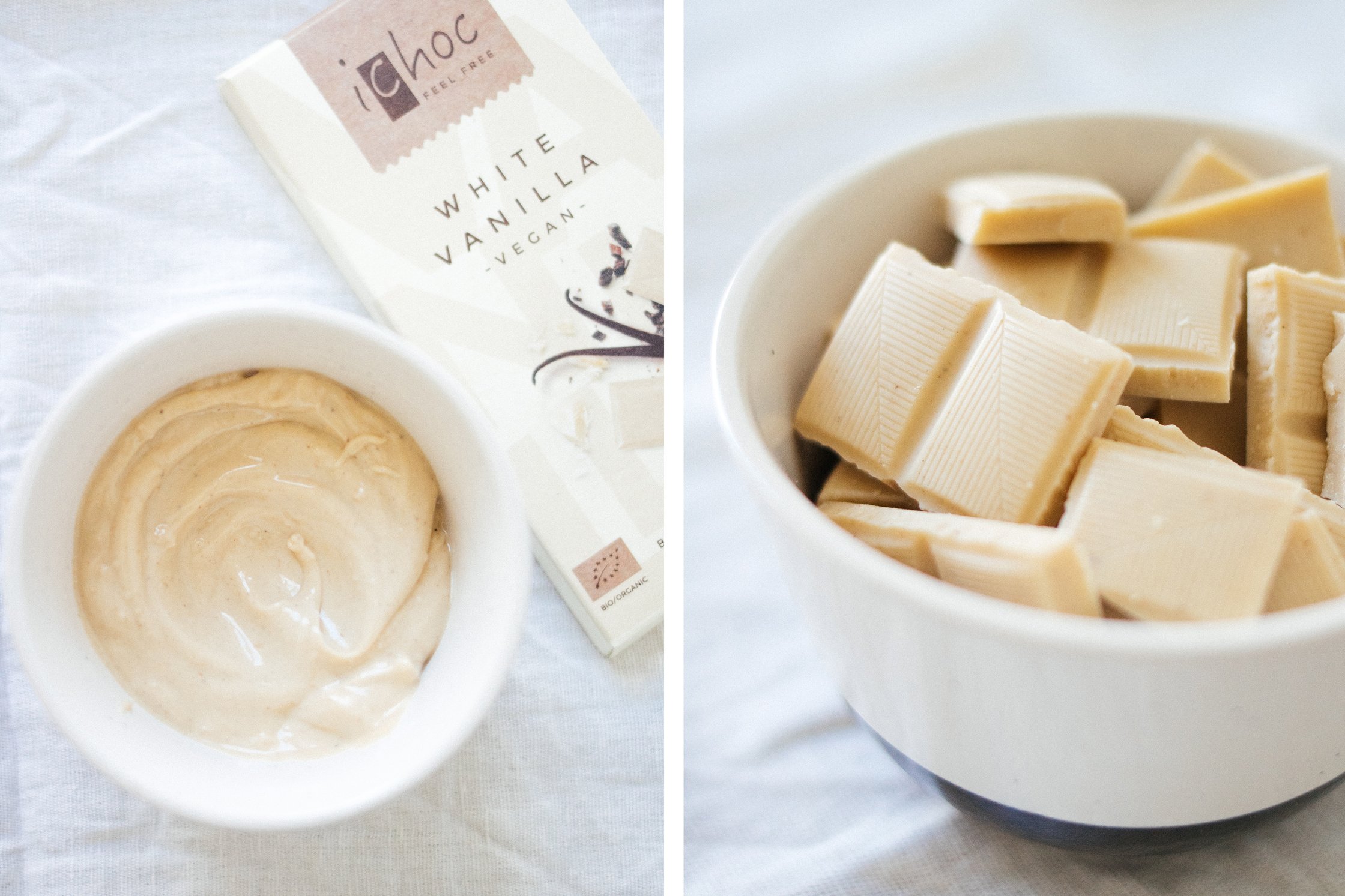 vegan, white chocolate before and after melting the chocolate