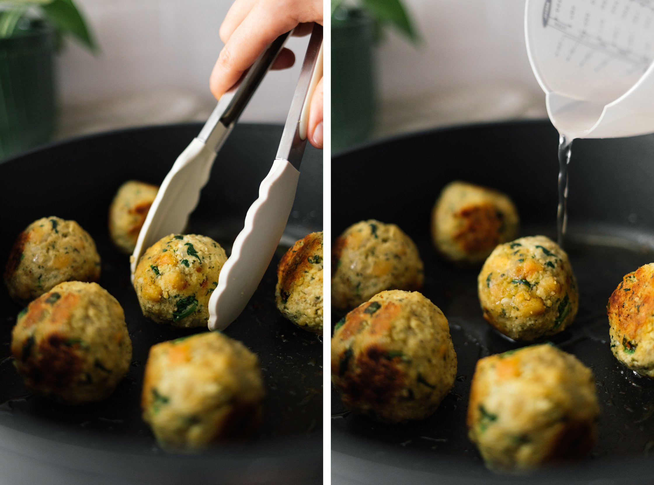Spinat-Tofu-Knödel werden in der Pfanne gebraten und gegart