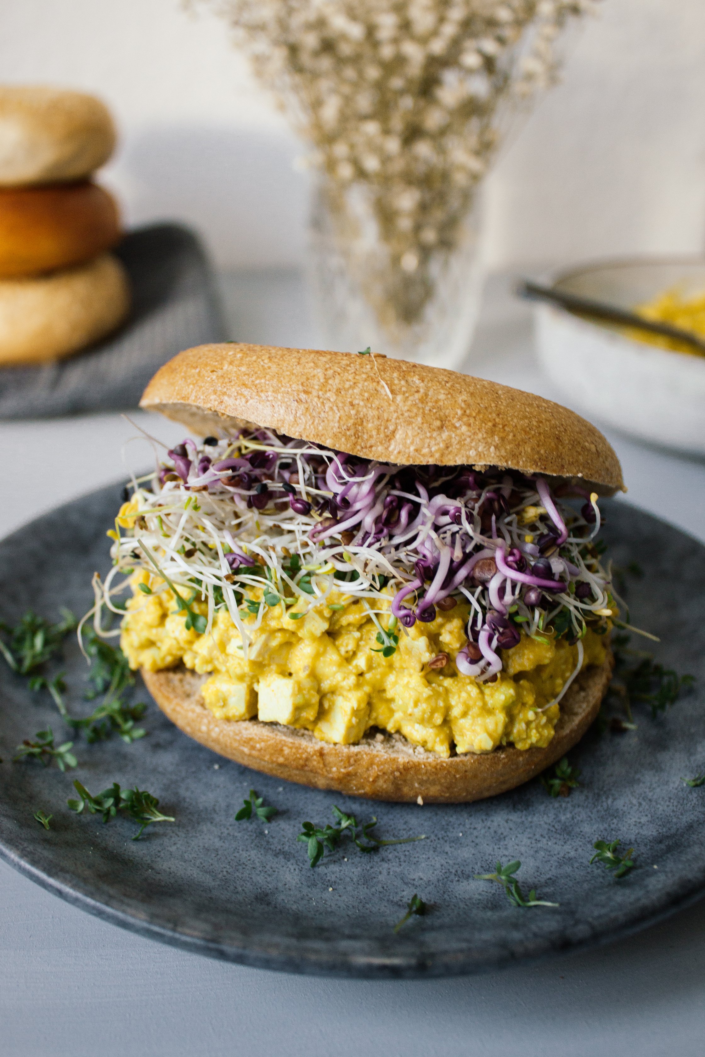 vegan breakfast bagel served on the table