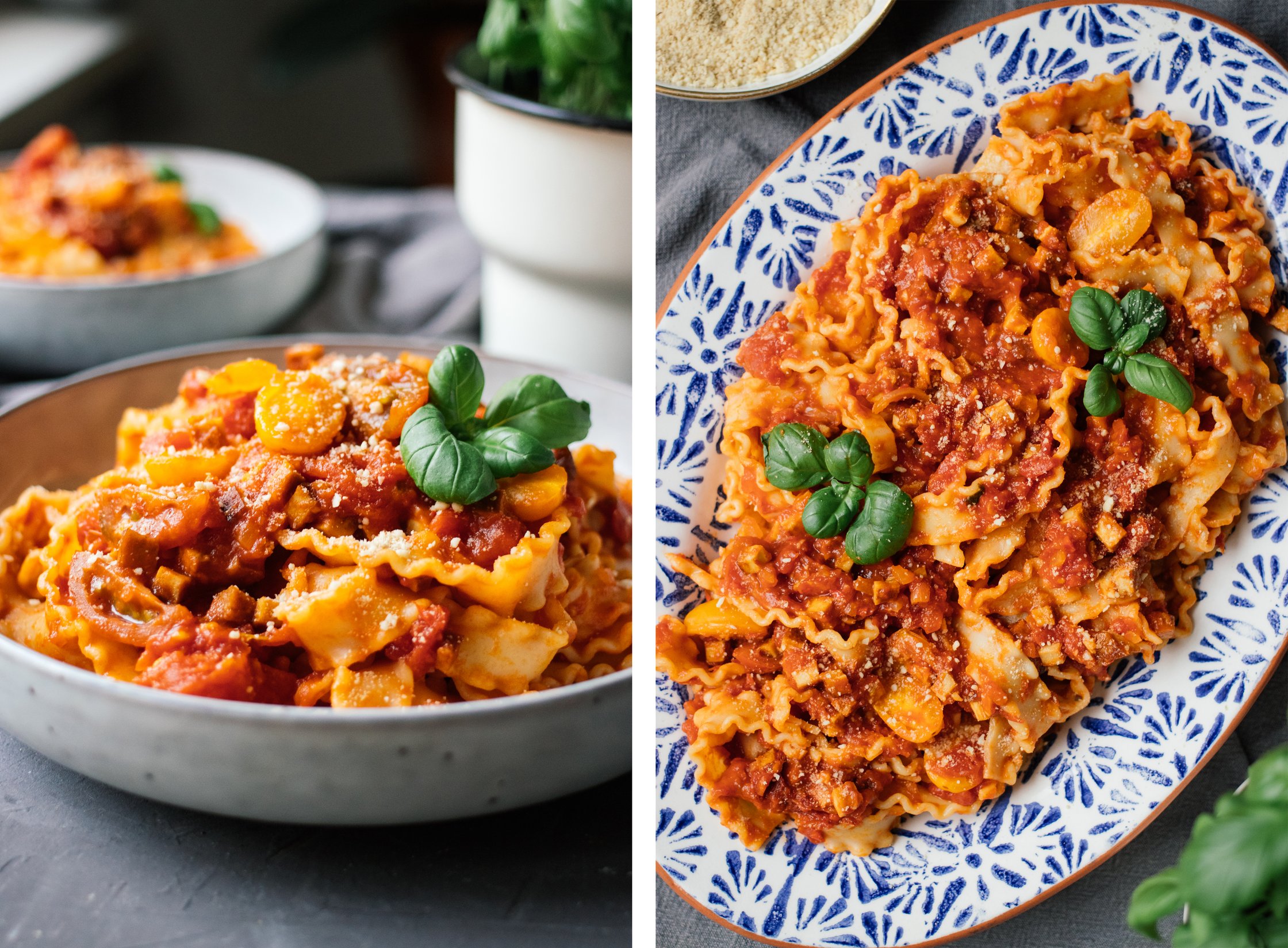Vegan Pasta All'Amatriciana serve on a large platter