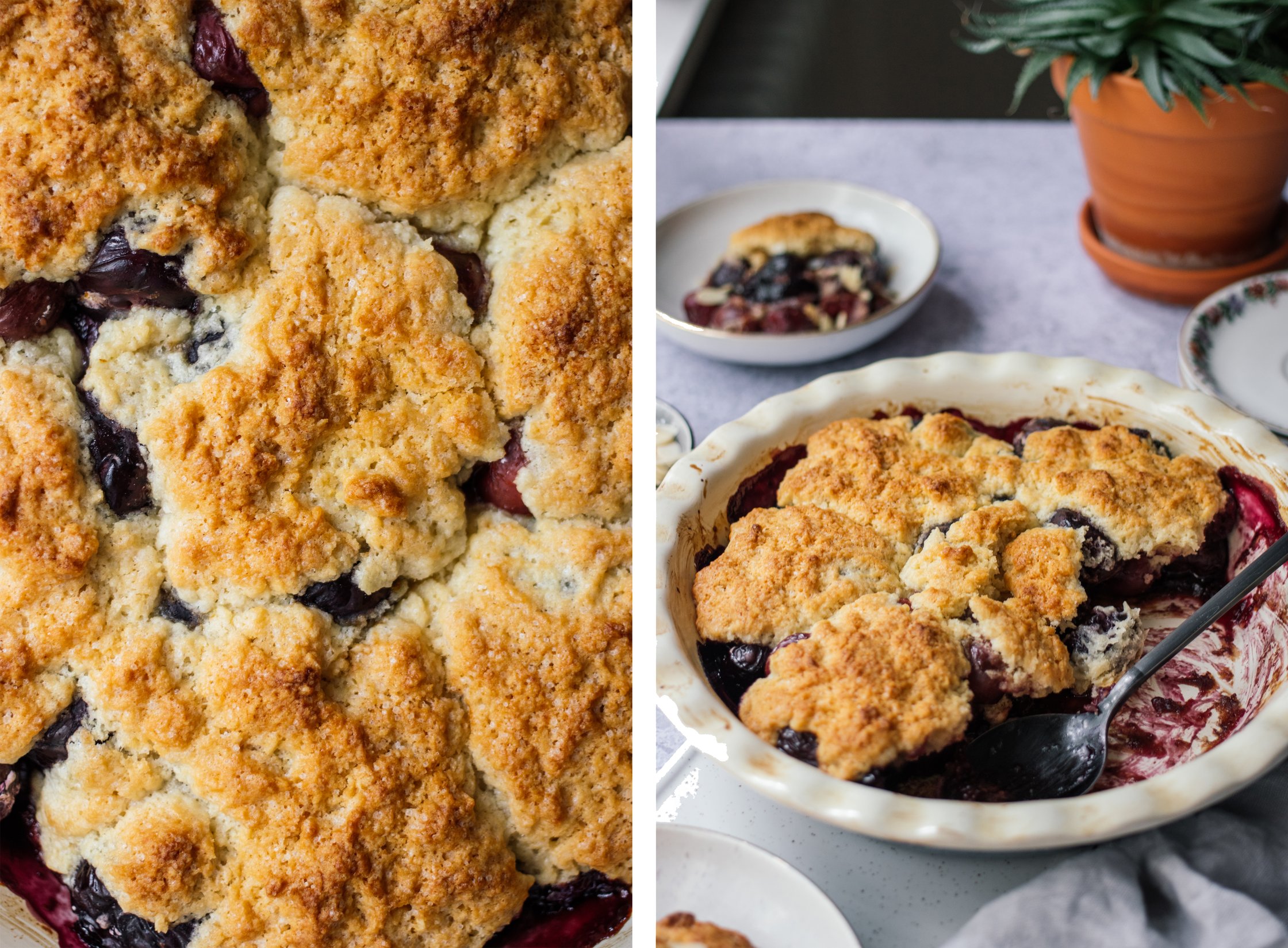 close up of vegan cherry cobbler