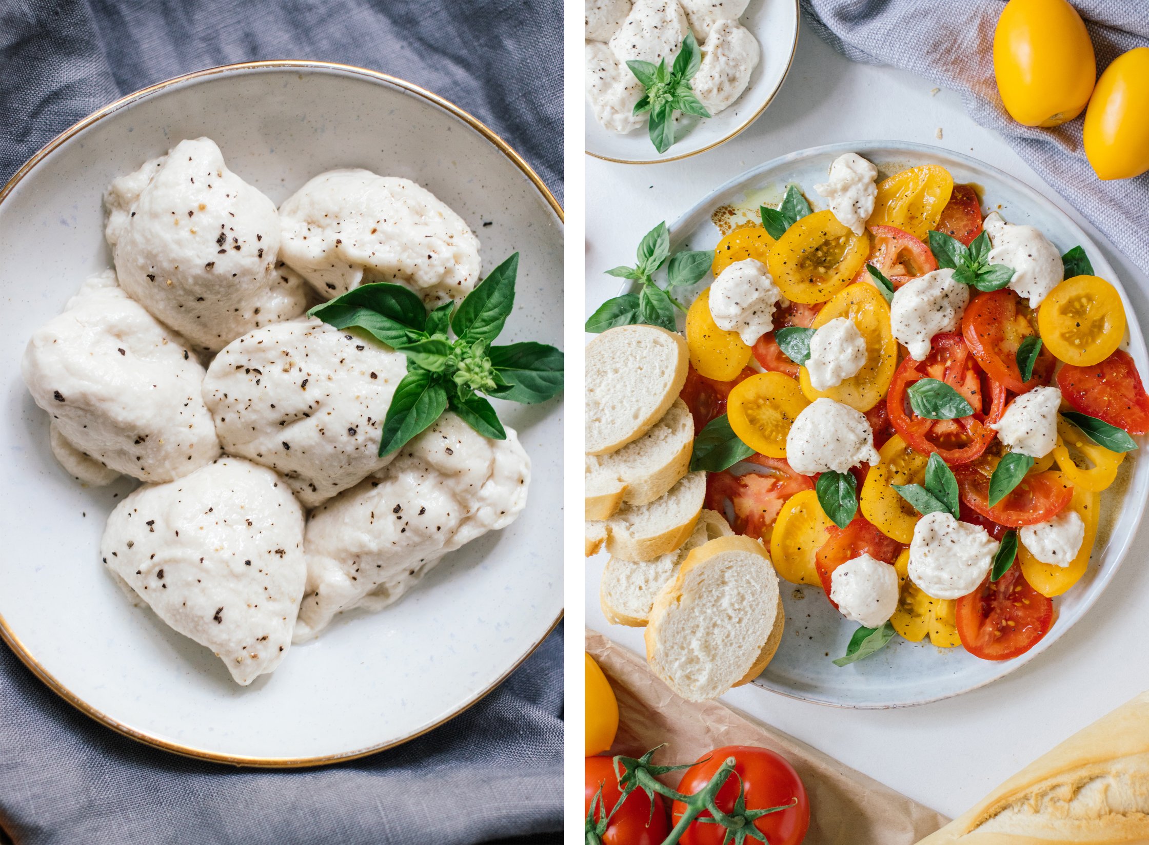 homemade vegan mozzarella cheese on tomatoes