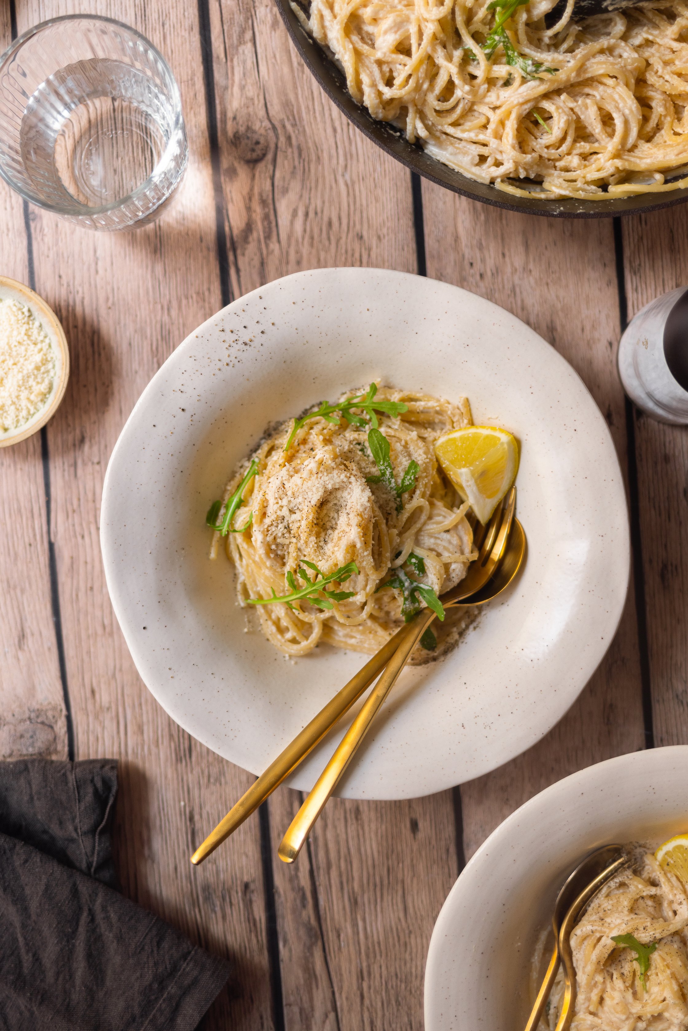 pasta on a plate and in a pan