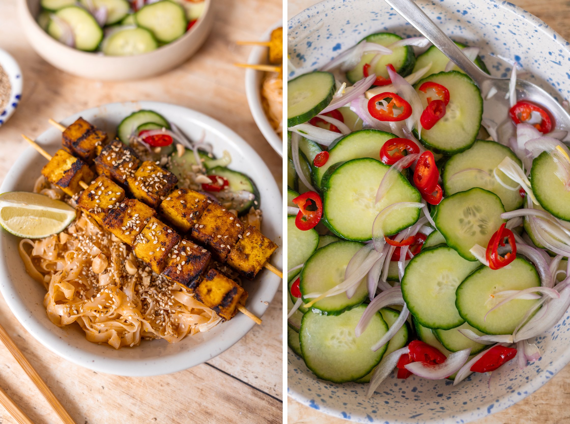 On the left side you see the rice noodles and the tofu