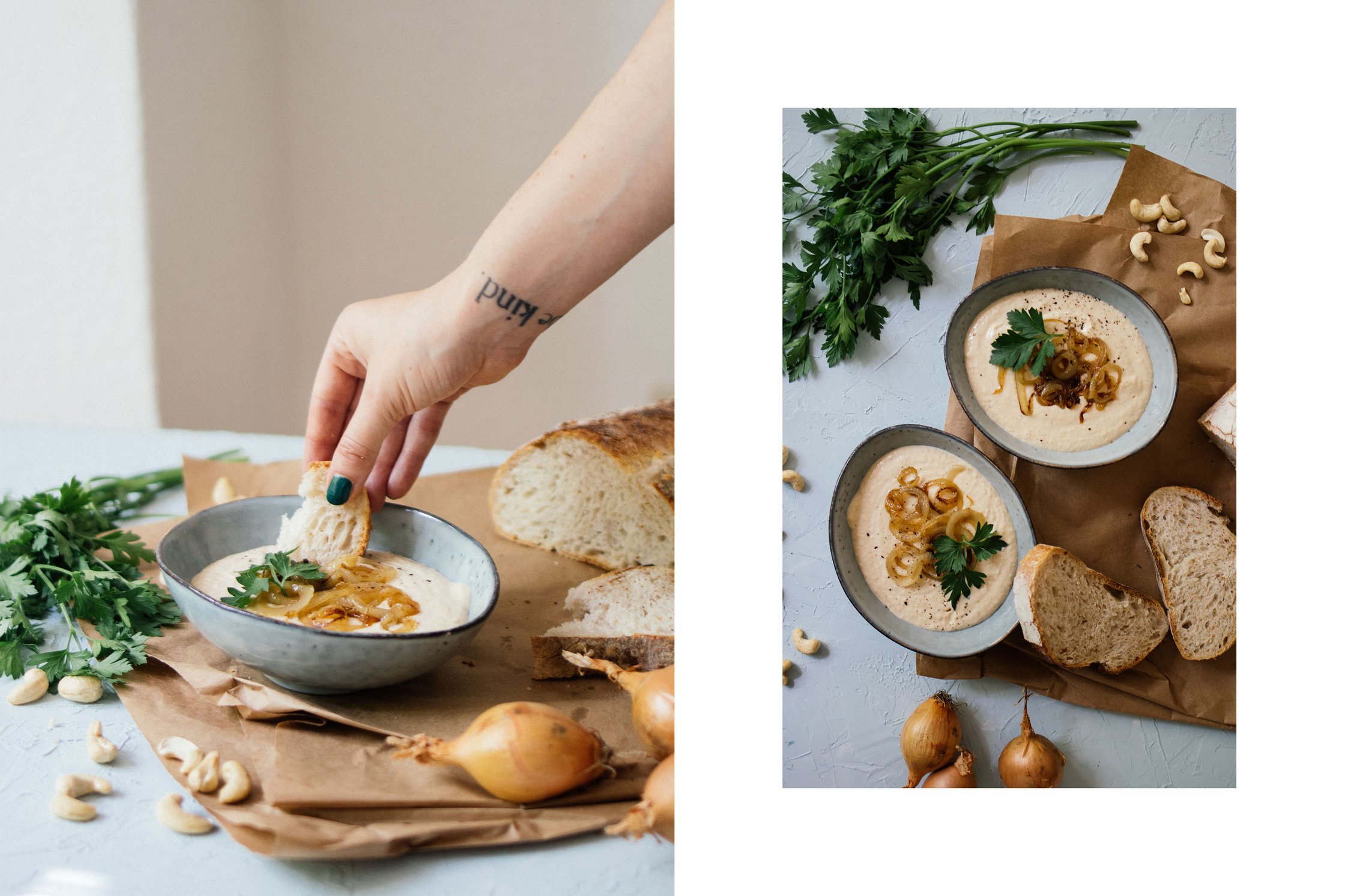 Hand dippt Brot in Zwiebeldip