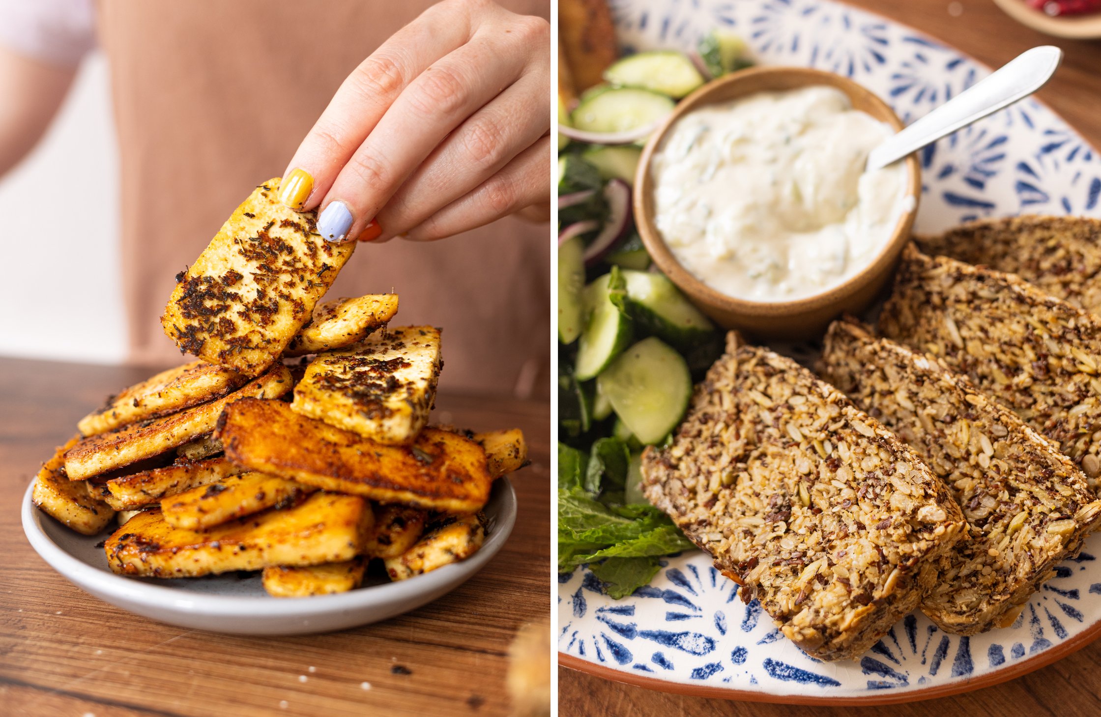 Zweigeteiltes Bild - 
Links: Veganer Halloumi auf gestapelt auf einem Teller. Rechts: Bauck Brot in Scheiben mit Gurkensalat