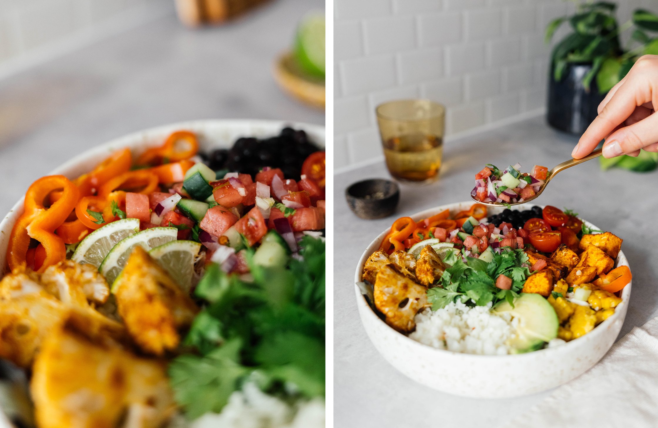 burrito bowl close up; burrito bowl with watermelon salsa