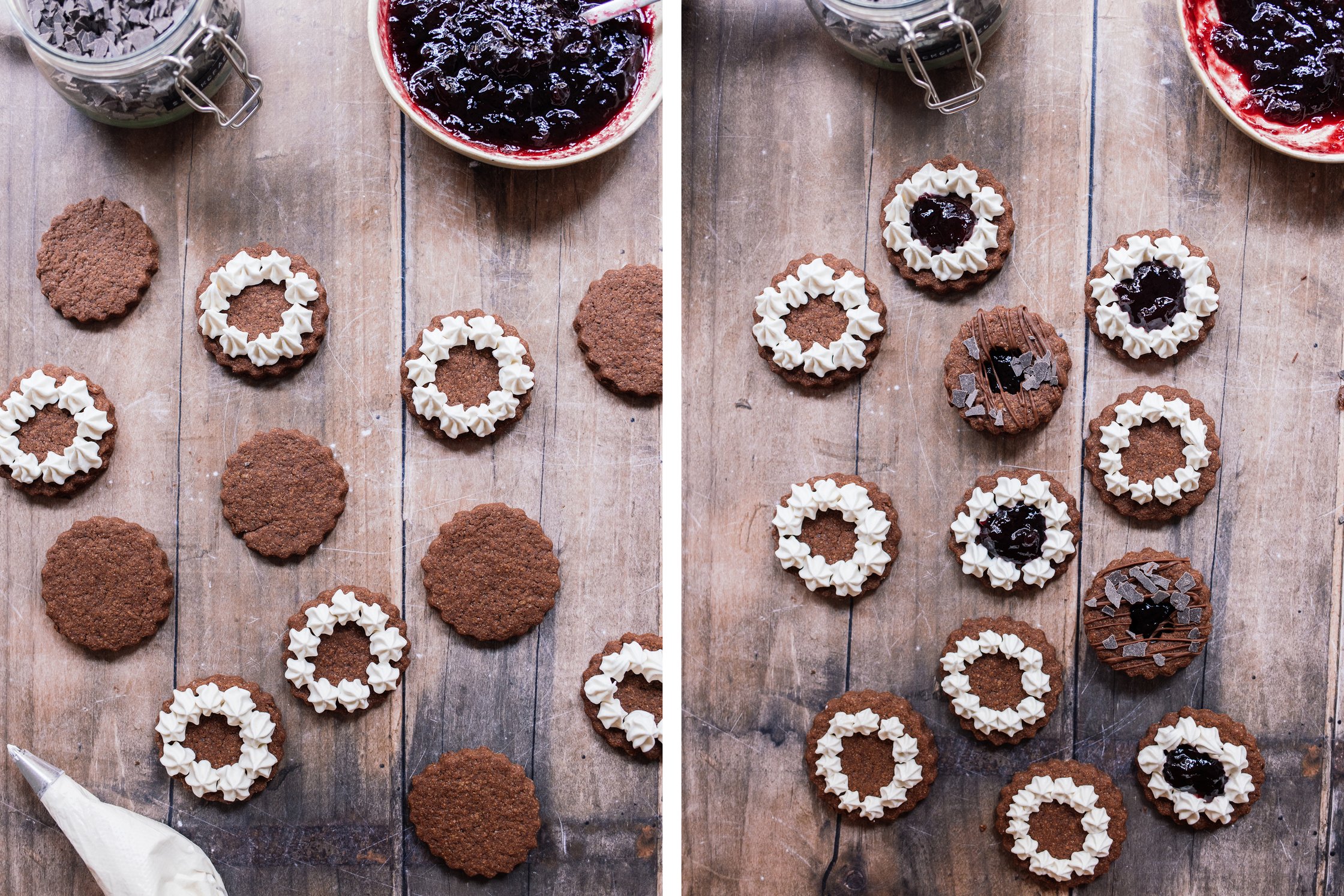 vegan Black Forest cookies getting filled