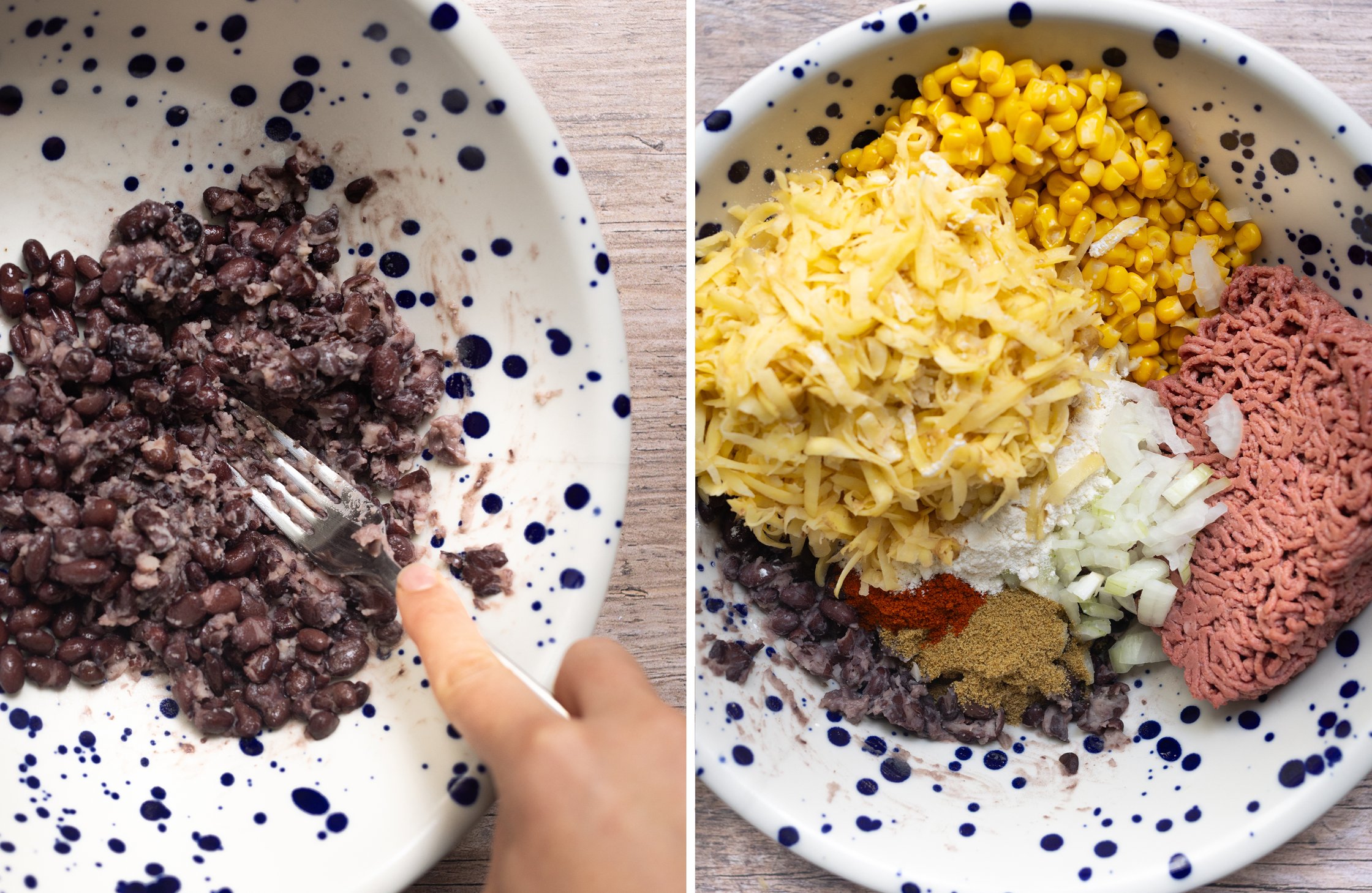 Left: The beans are mashed with a fork. Right: All the ingredients are in a bowl.
