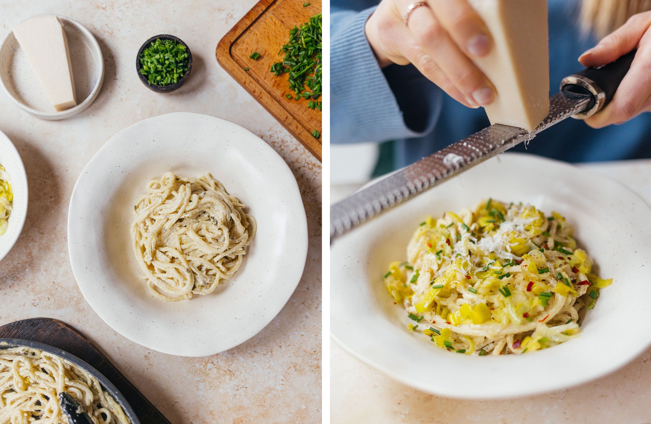 alle Komponenten für vegane Frischkäse-Pasta mit Lauch; veganer Parmesan wird über Pasta gerieben