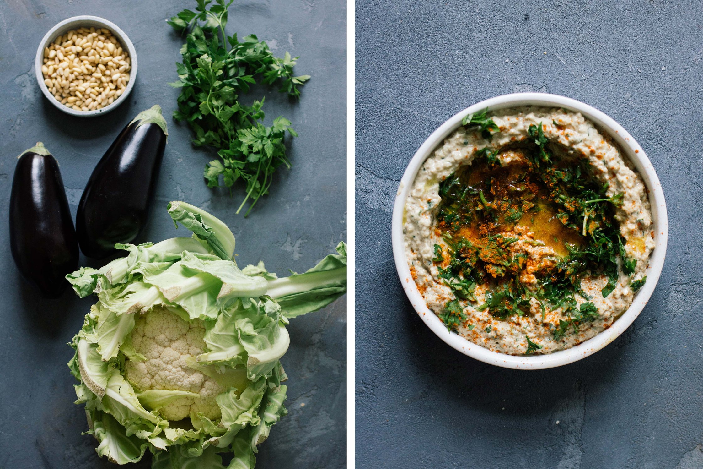 Baba Ganoush vor und nach der Zubereitung
