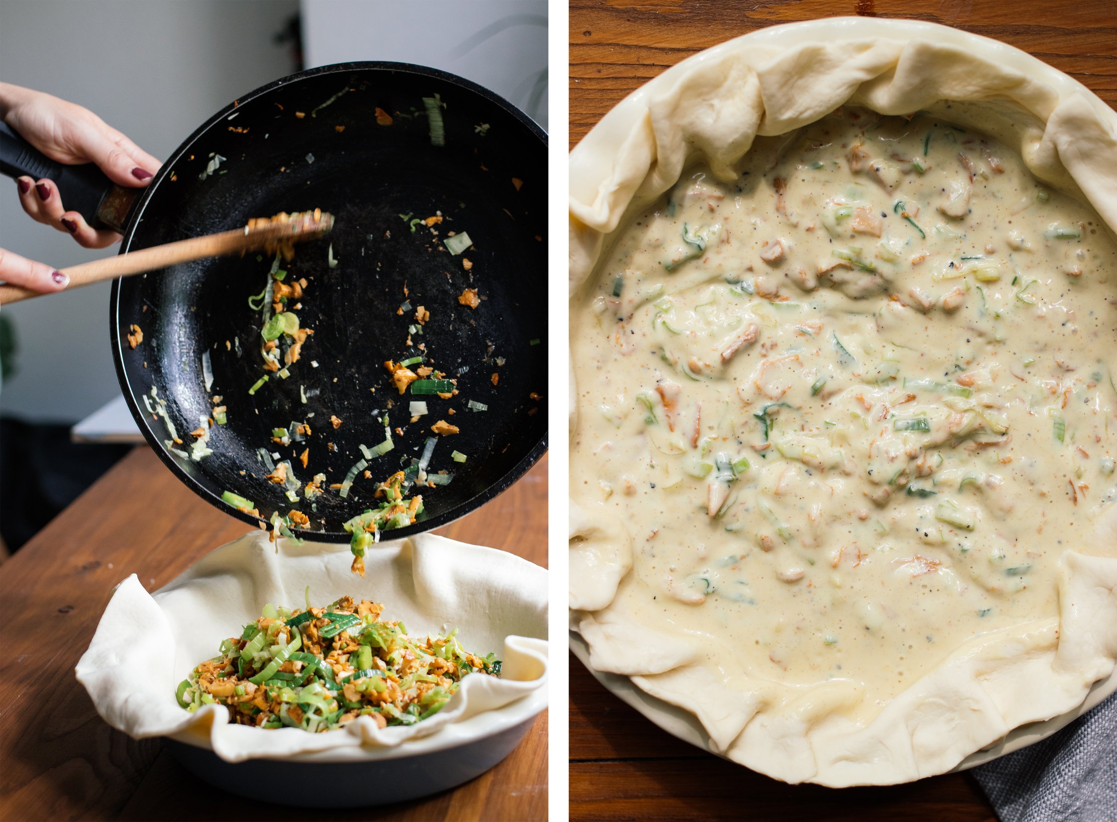 adding filling to vegan quiche dough